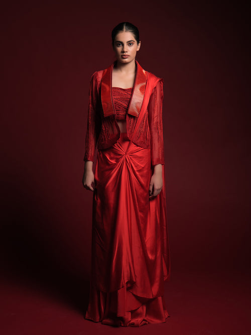 Alive in Red Jacket Saree