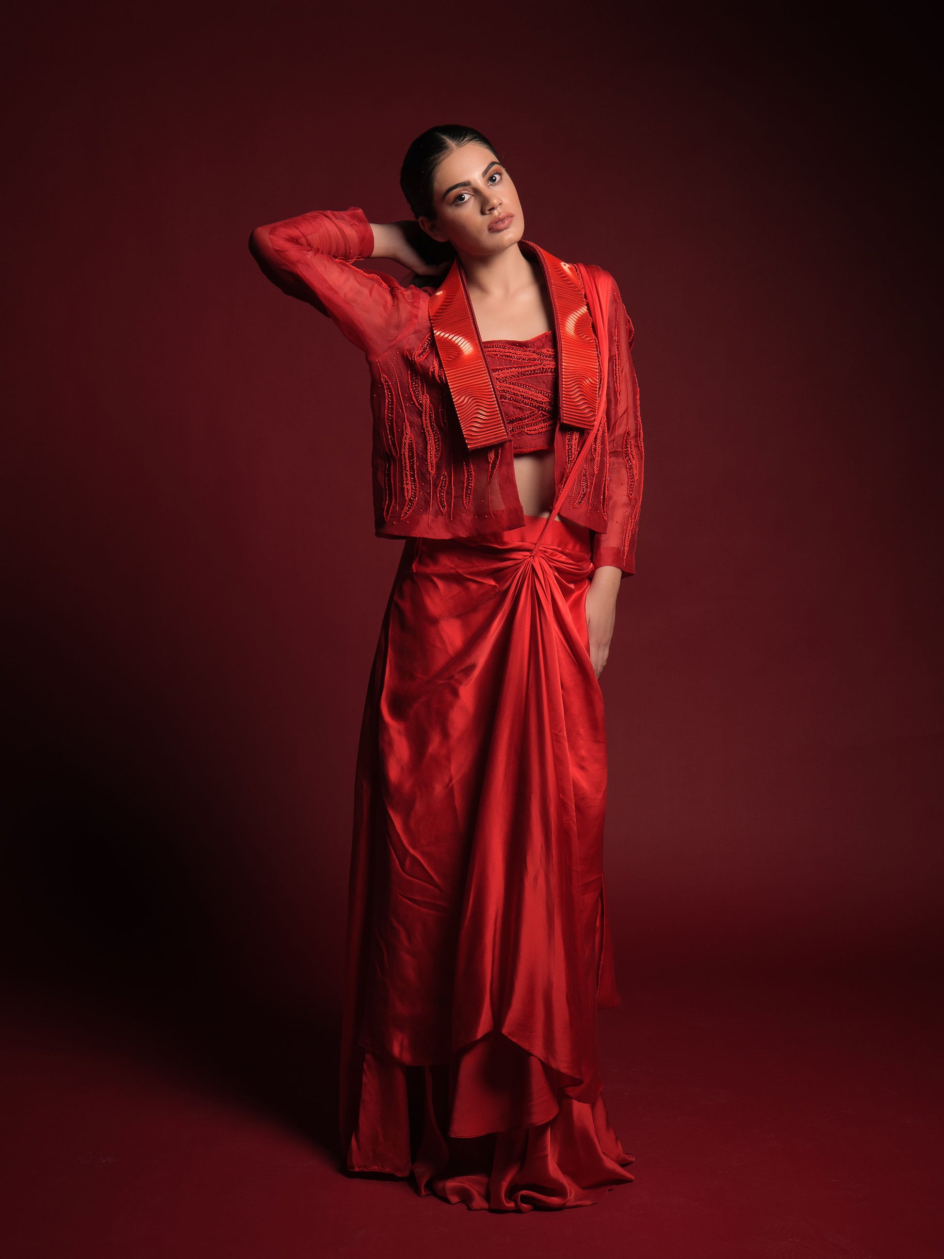Alive in Red Jacket Saree