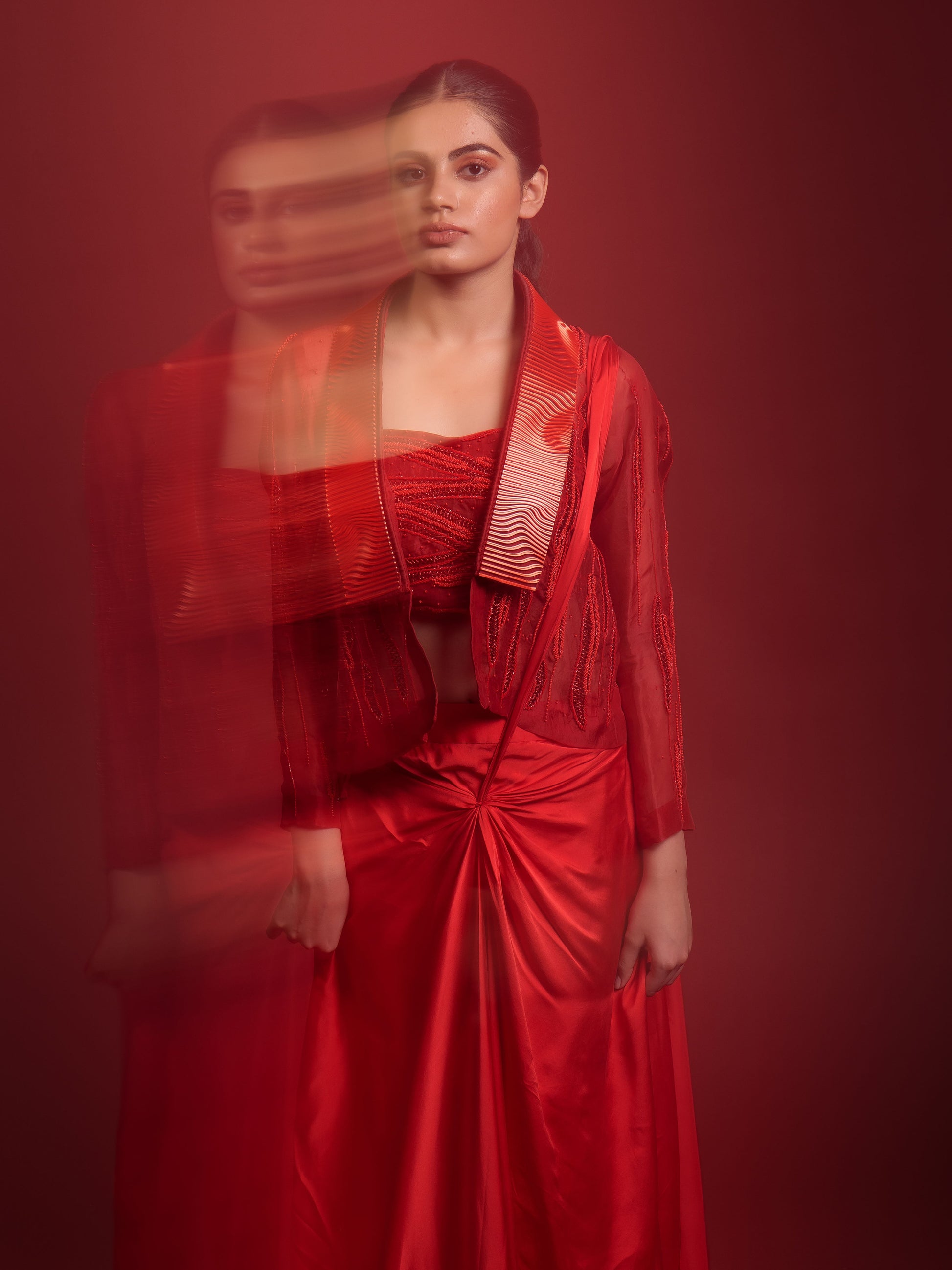 Alive in Red Jacket Saree