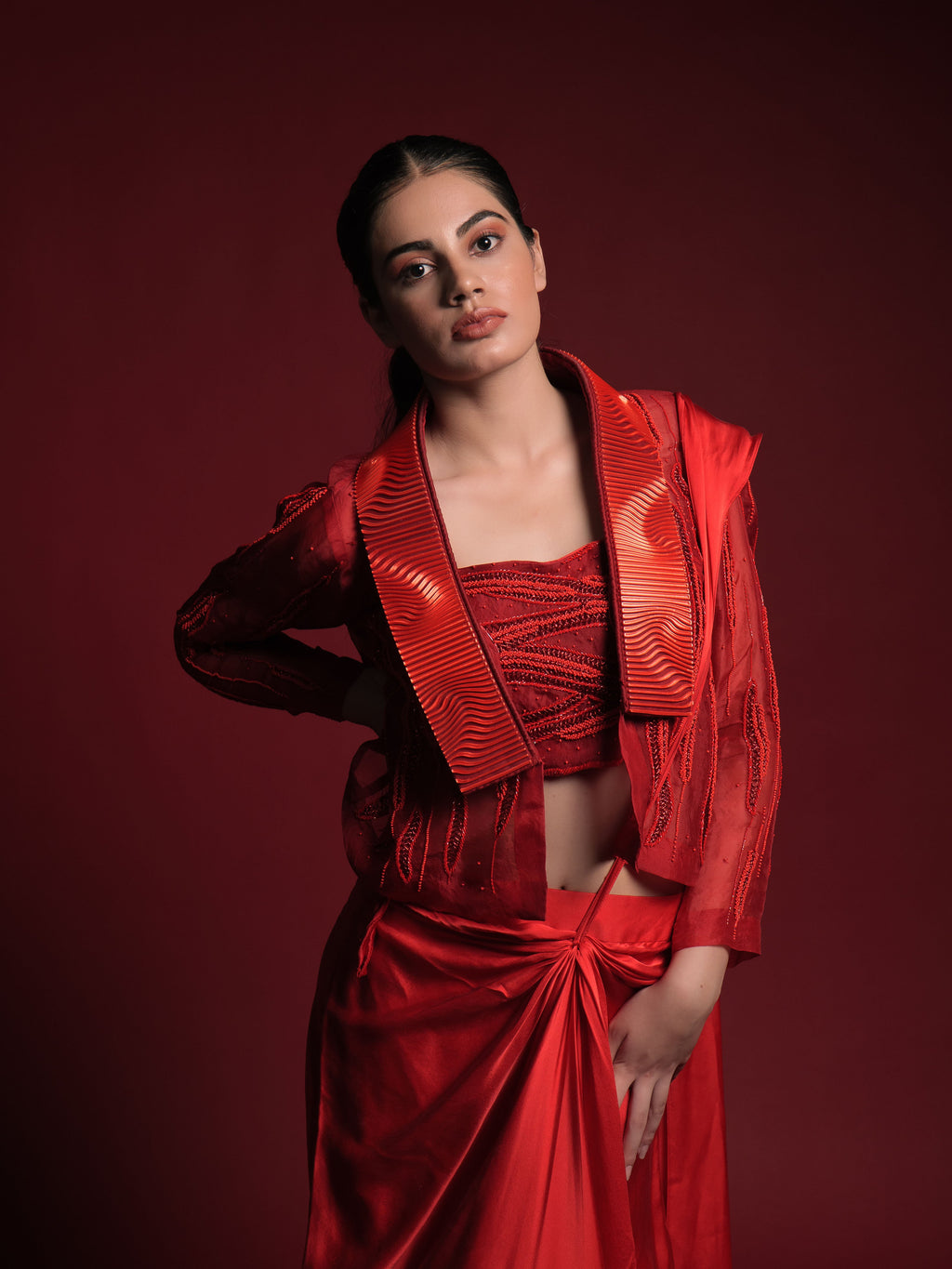 Alive in Red Jacket Saree
