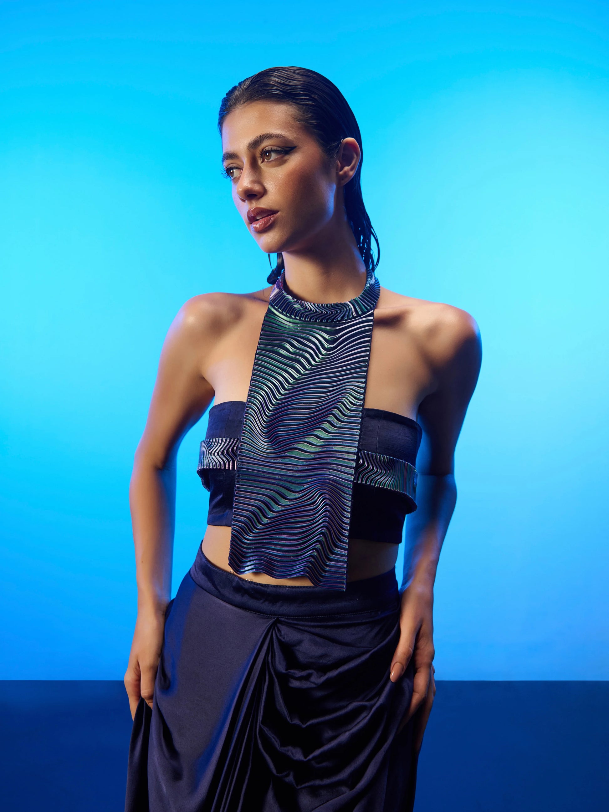 Midnight Waves Skirt Set in midnight blue