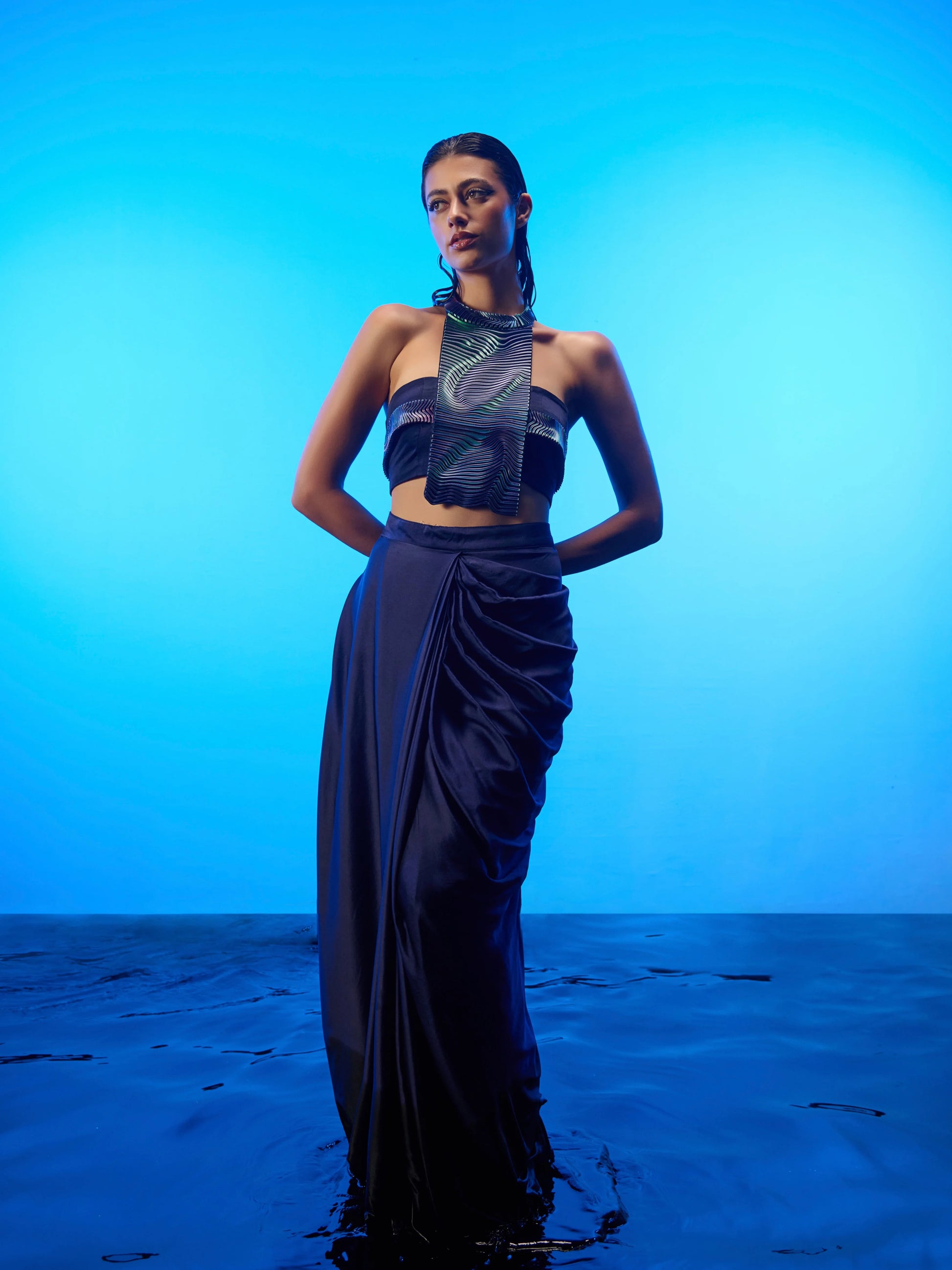 Midnight Waves Skirt Set in midnight blue