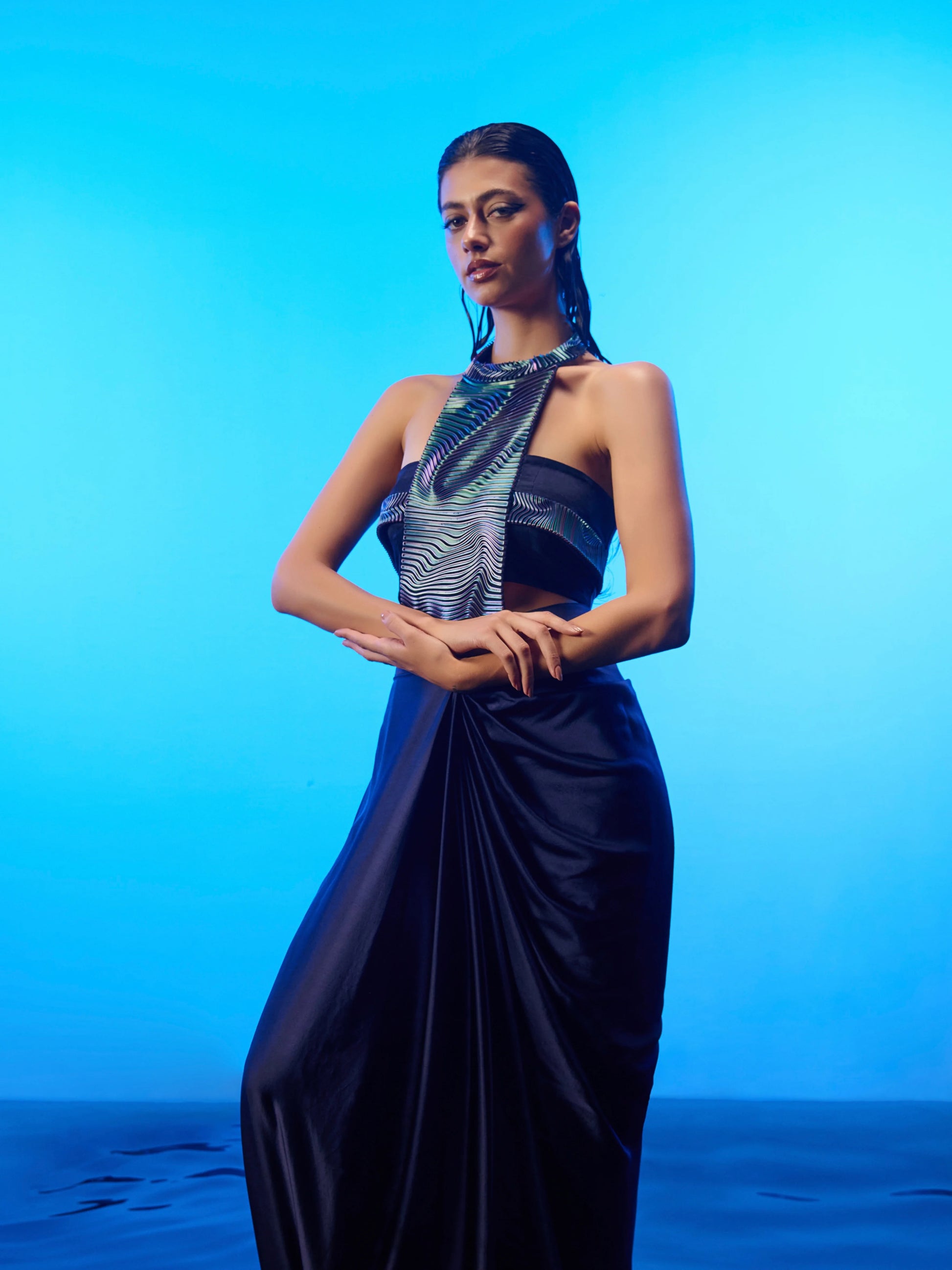 Midnight Waves Skirt Set in midnight blue
