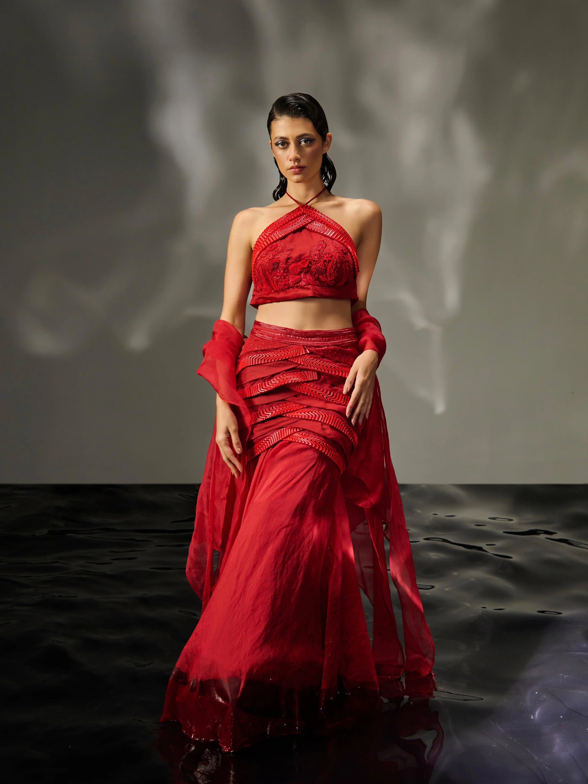 Red Reef Lehenga side view