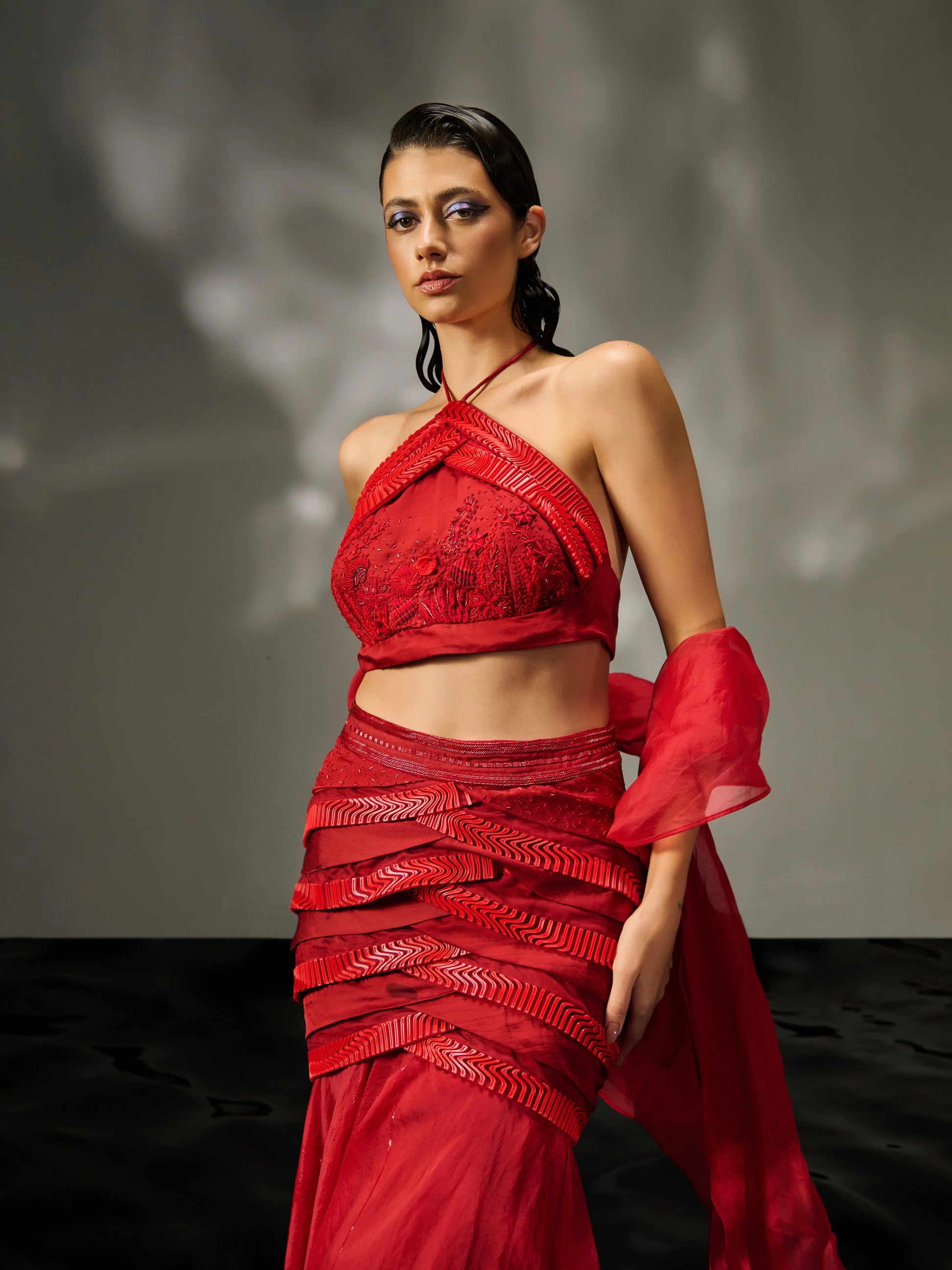 Red Reef Lehenga back view