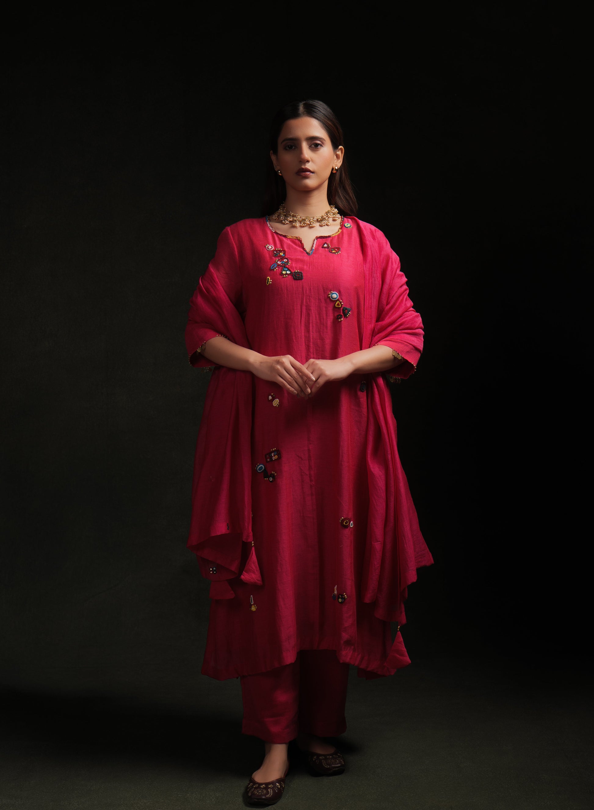 Magenta mul chanderi kurta set with multicolor hand embroidery by Asaaye