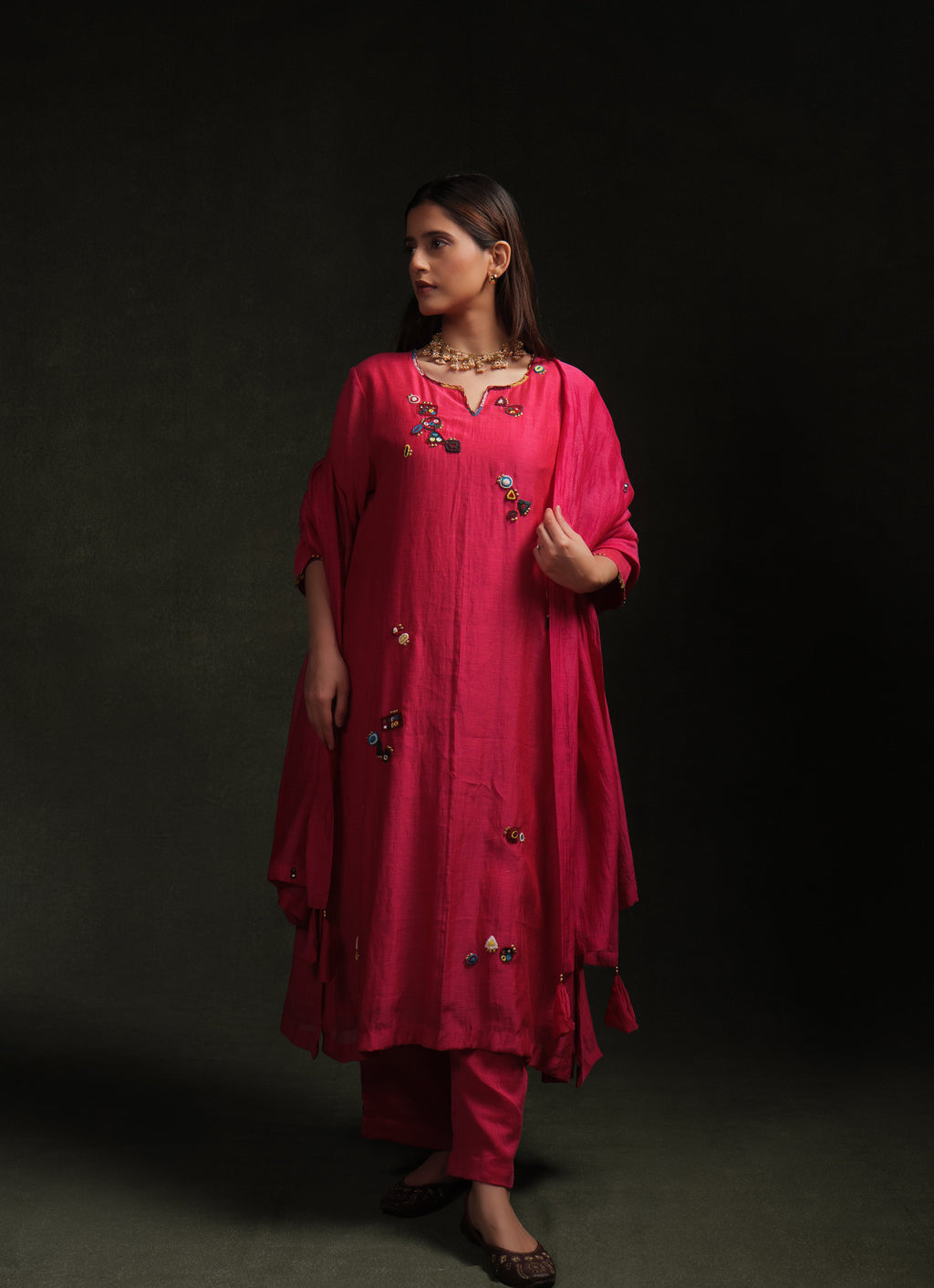 Magenta mul chanderi kurta set with multicolor hand embroidery by Asaaye