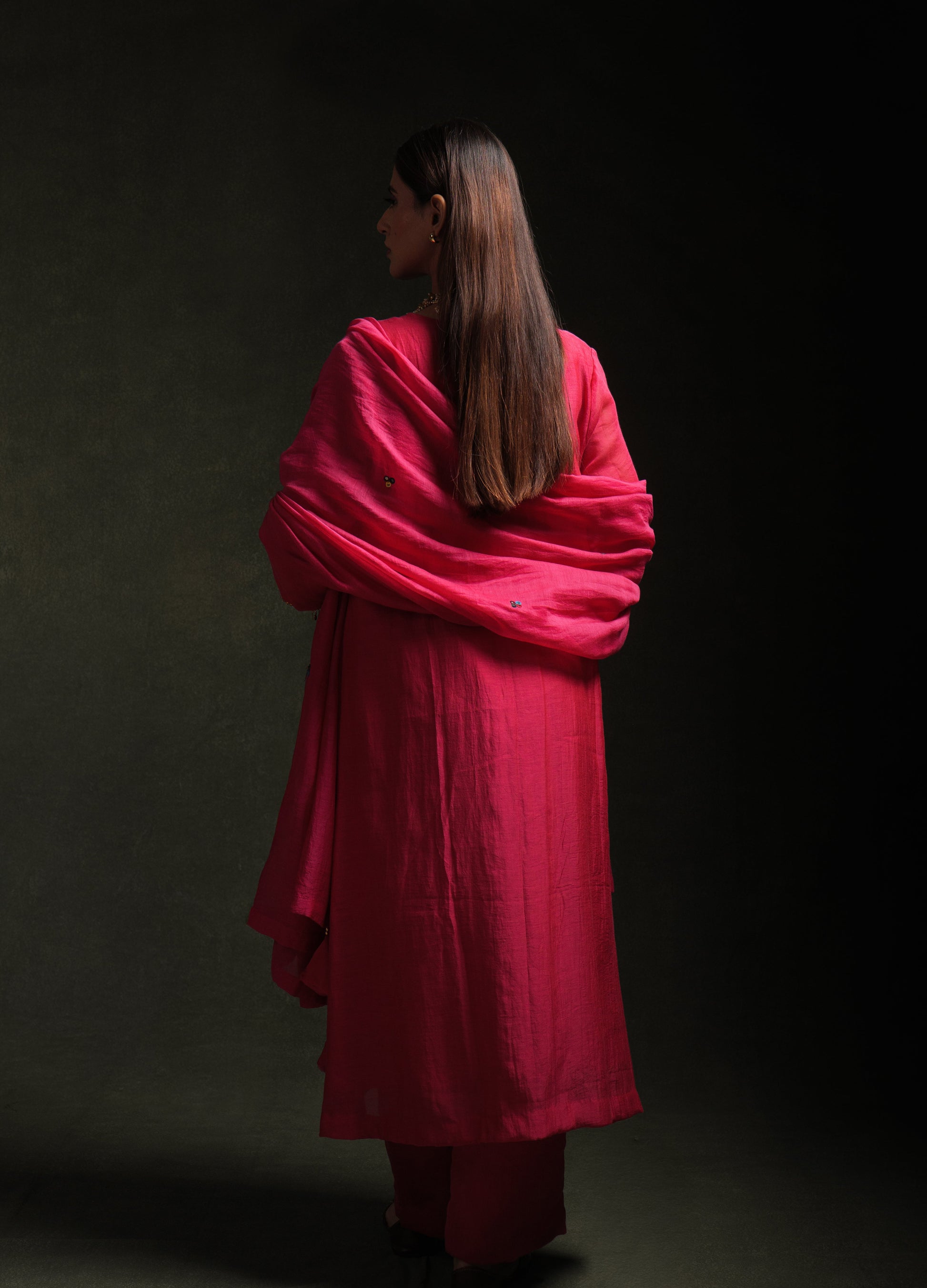 Magenta mul chanderi kurta set with multicolor hand embroidery by Asaaye