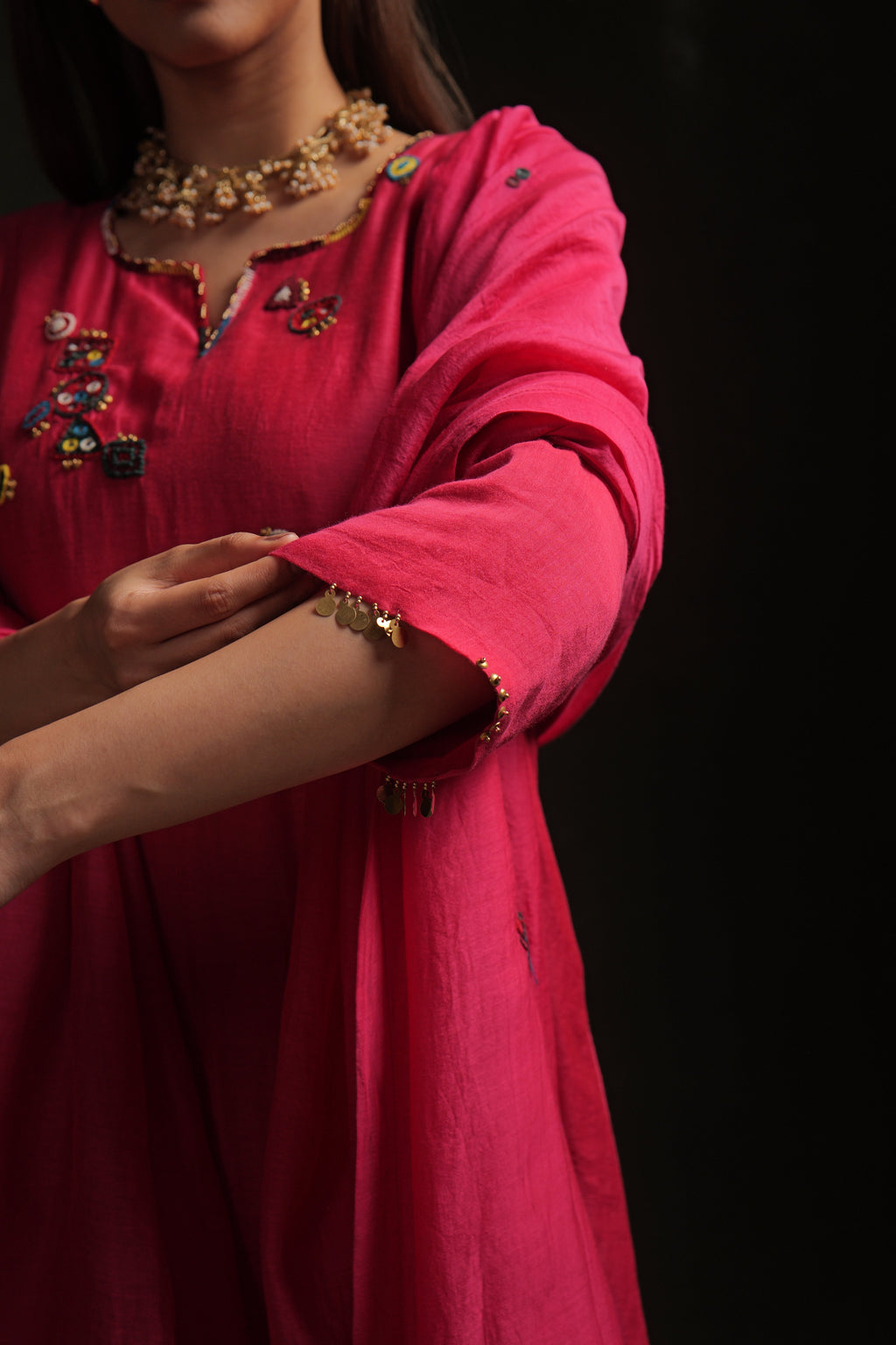 Magenta mul chanderi kurta set with multicolor hand embroidery by Asaaye