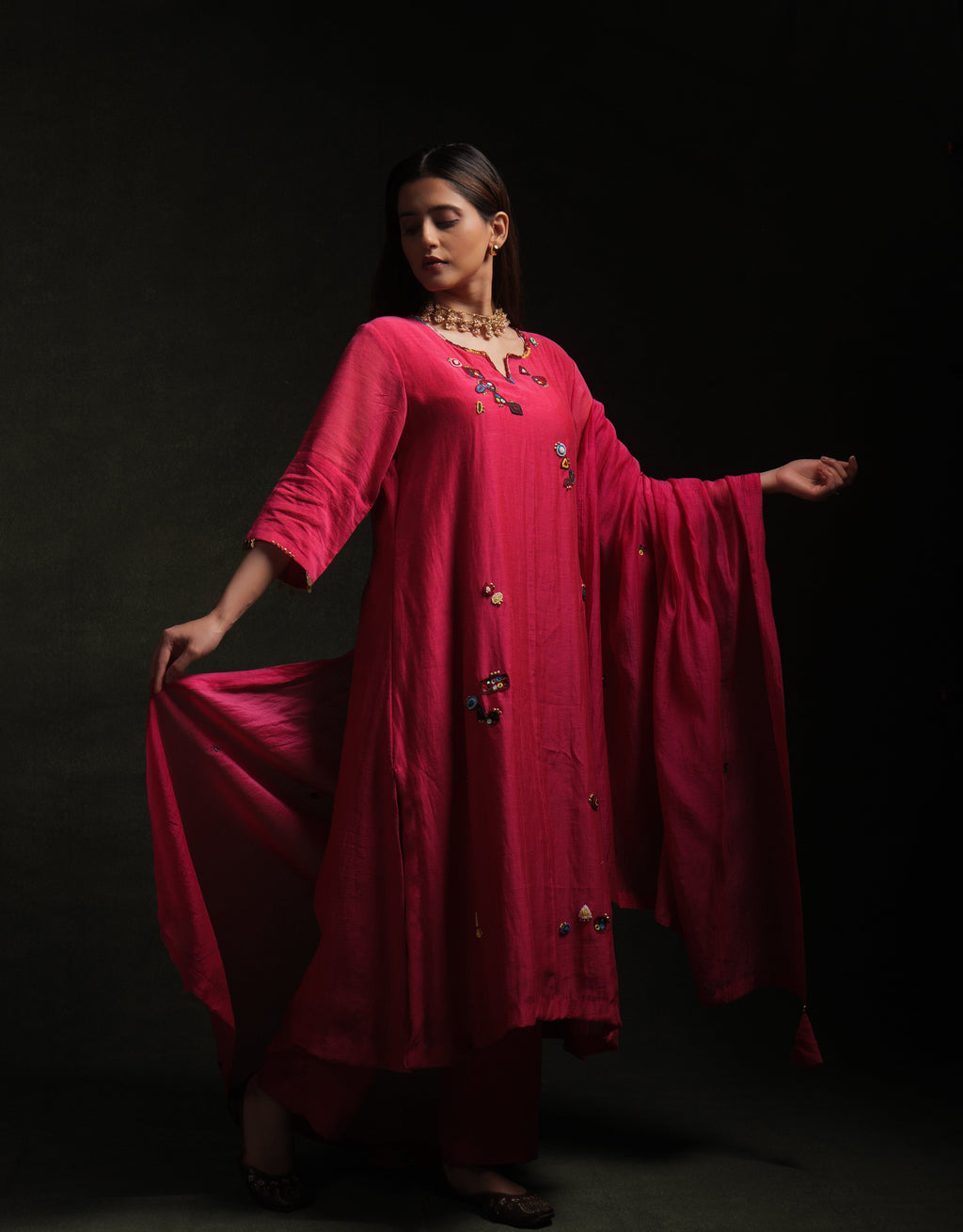 Magenta mul chanderi kurta set with multicolor hand embroidery by Asaaye