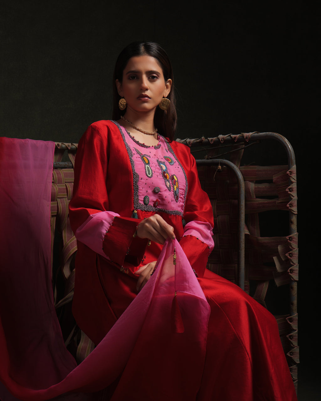 Red and pink chanderi kurta set with organza panels and ombre dupatta by Asaaye