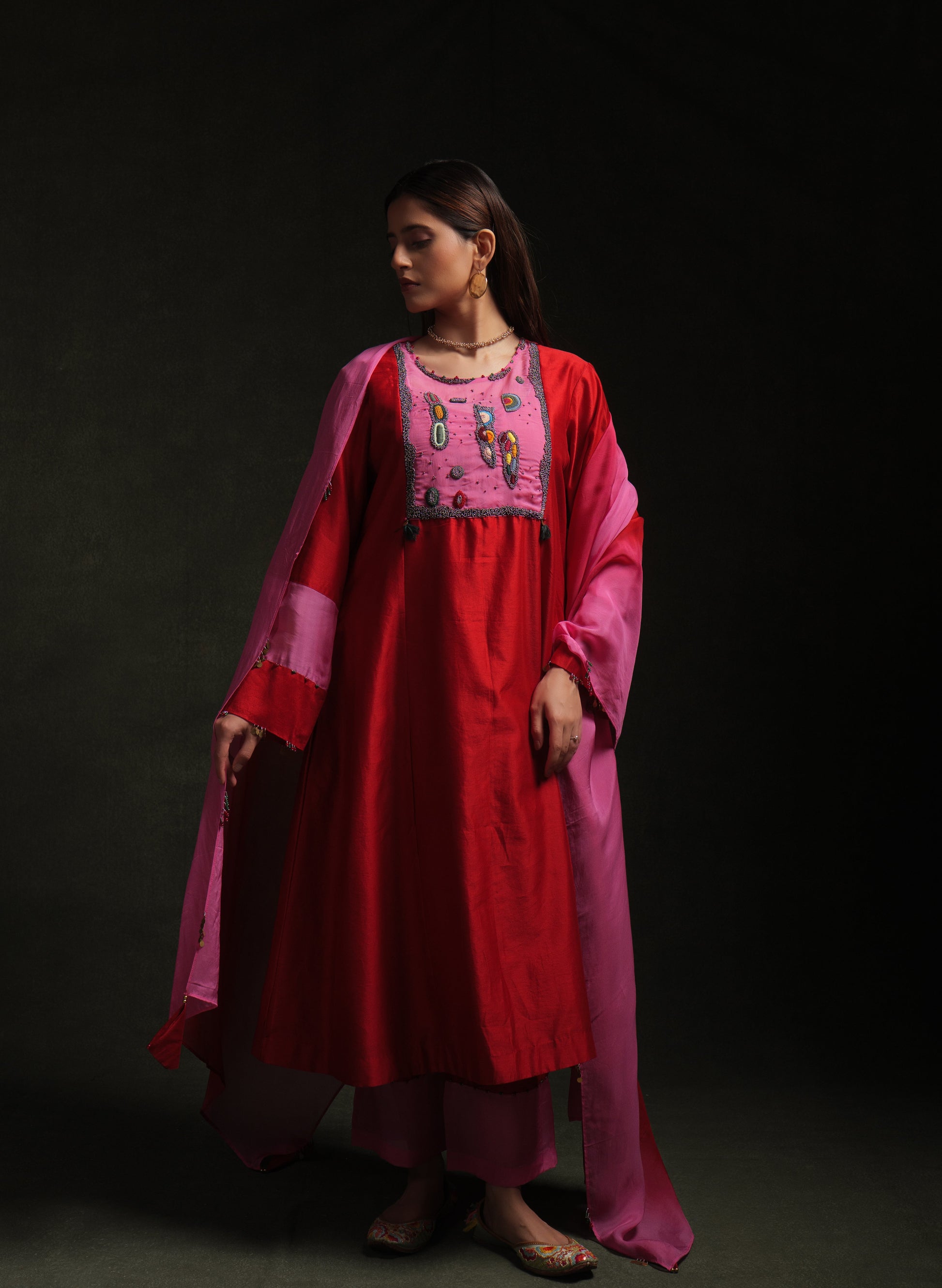 Red and pink chanderi kurta set with organza panels and ombre dupatta by Asaaye