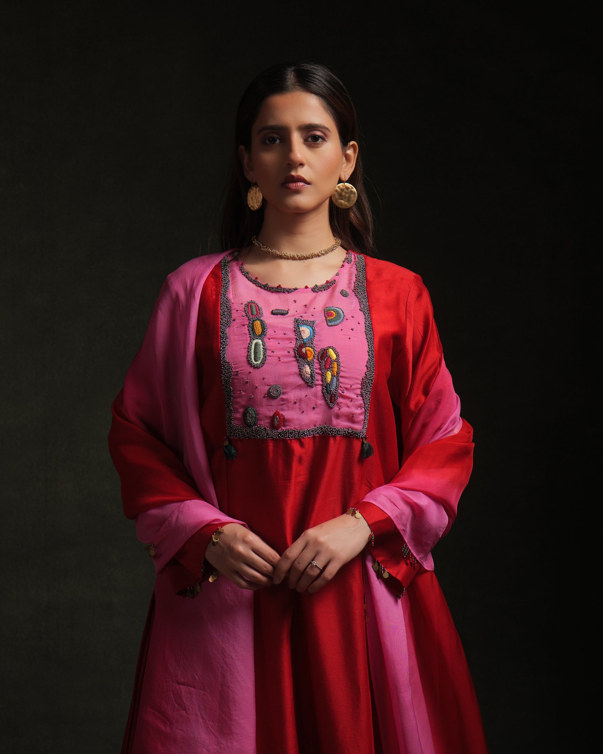 Red and pink chanderi kurta set with organza panels and ombre dupatta by Asaaye