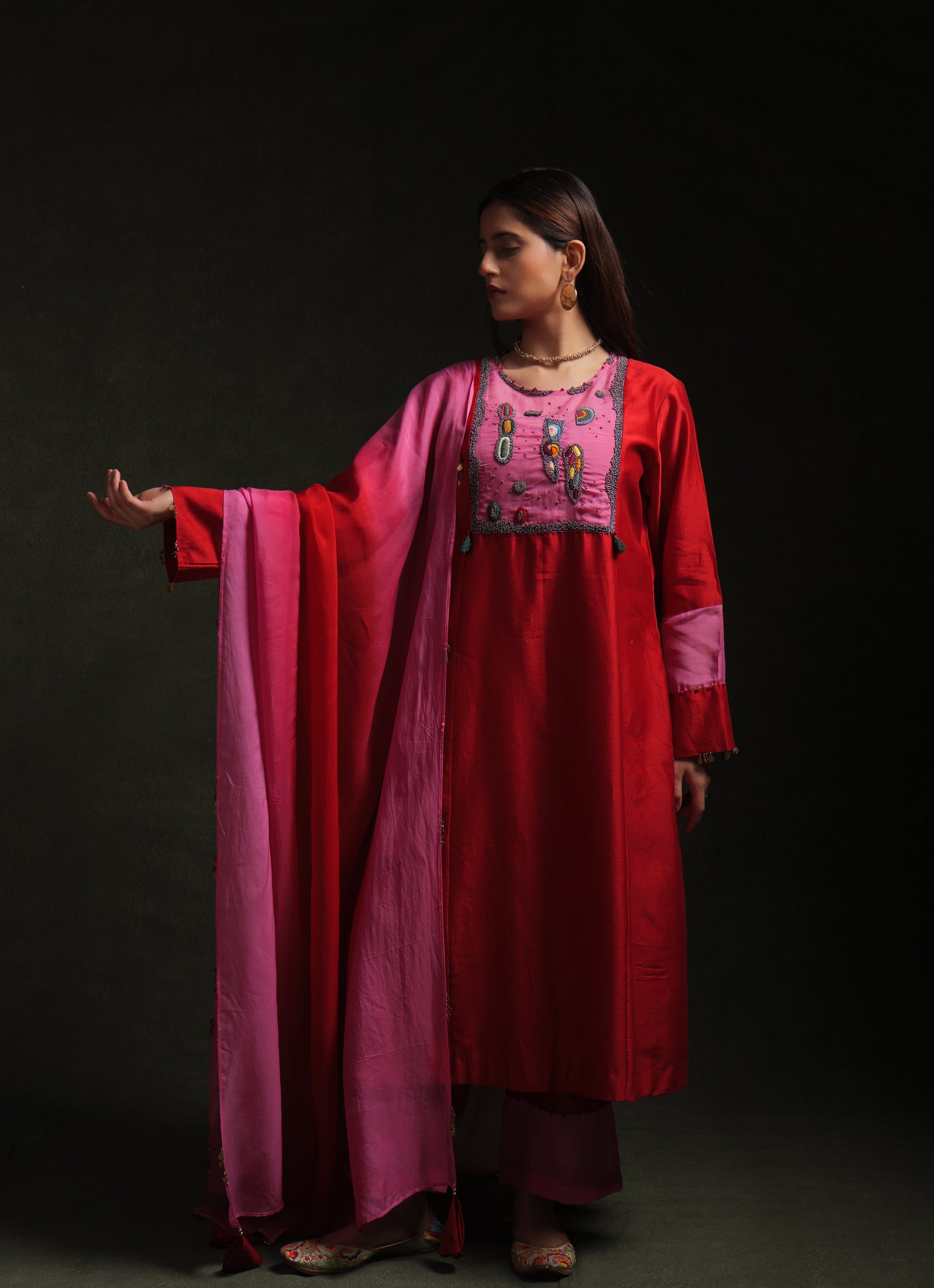 Red and pink chanderi kurta set with organza panels and ombre dupatta by Asaaye