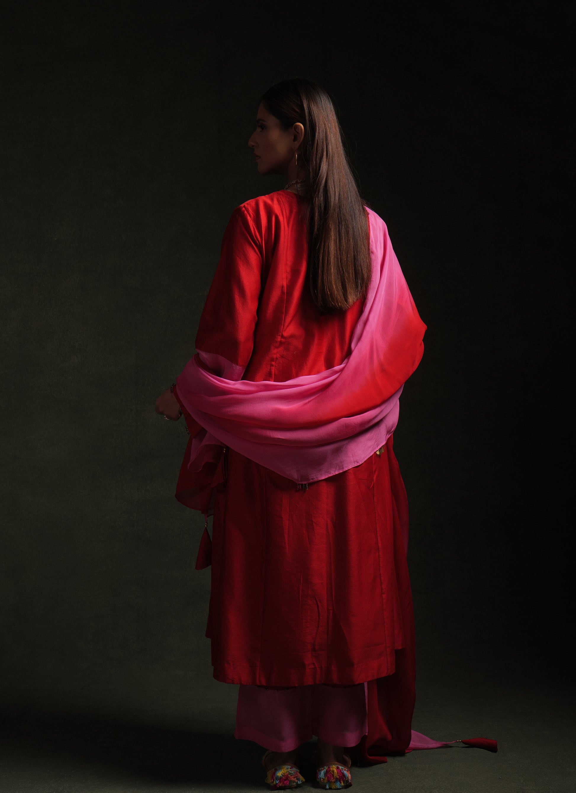 Red and pink chanderi kurta set with organza panels and ombre dupatta by Asaaye
