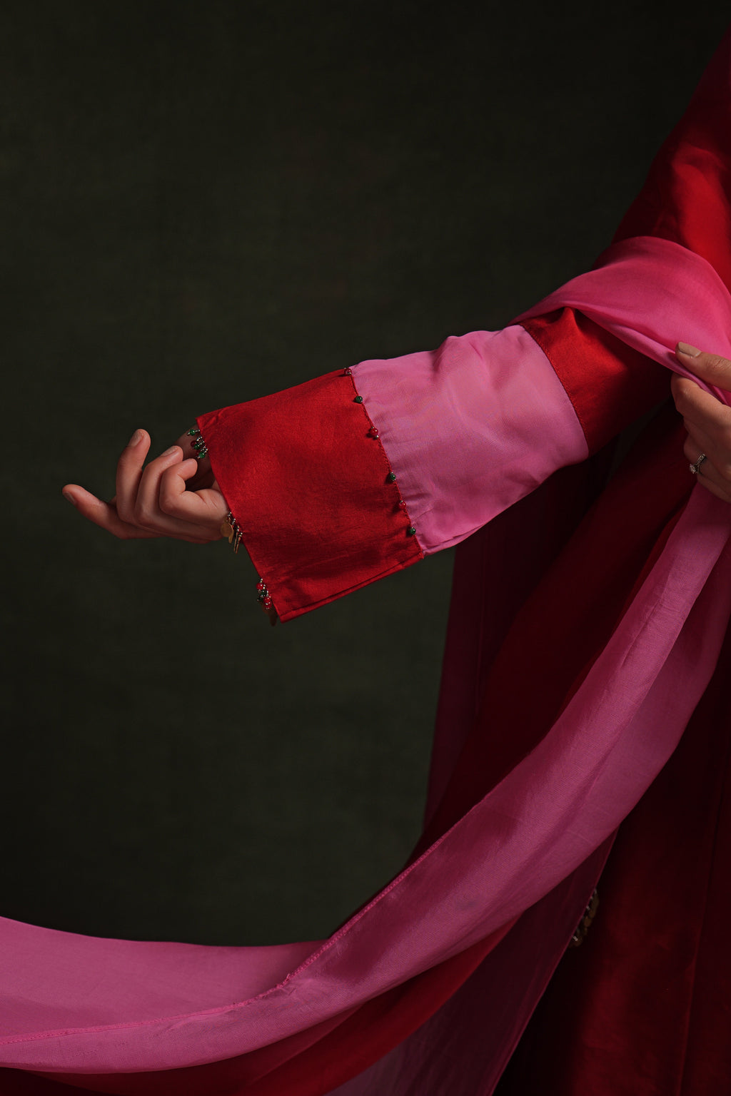 Red and pink chanderi kurta set with organza panels and ombre dupatta by Asaaye