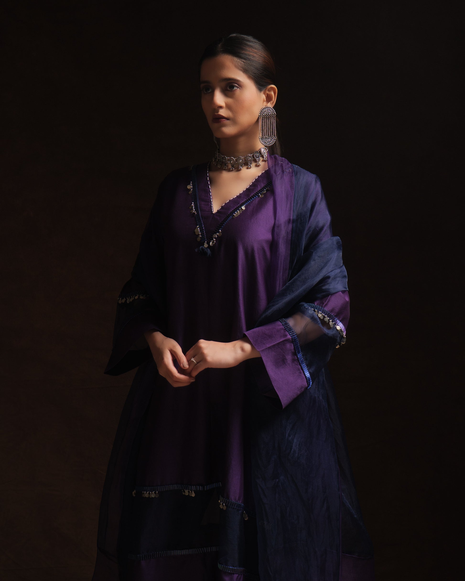 Purple chanderi kurta set with navy organza panels and silk organza dupatta by Asaaye