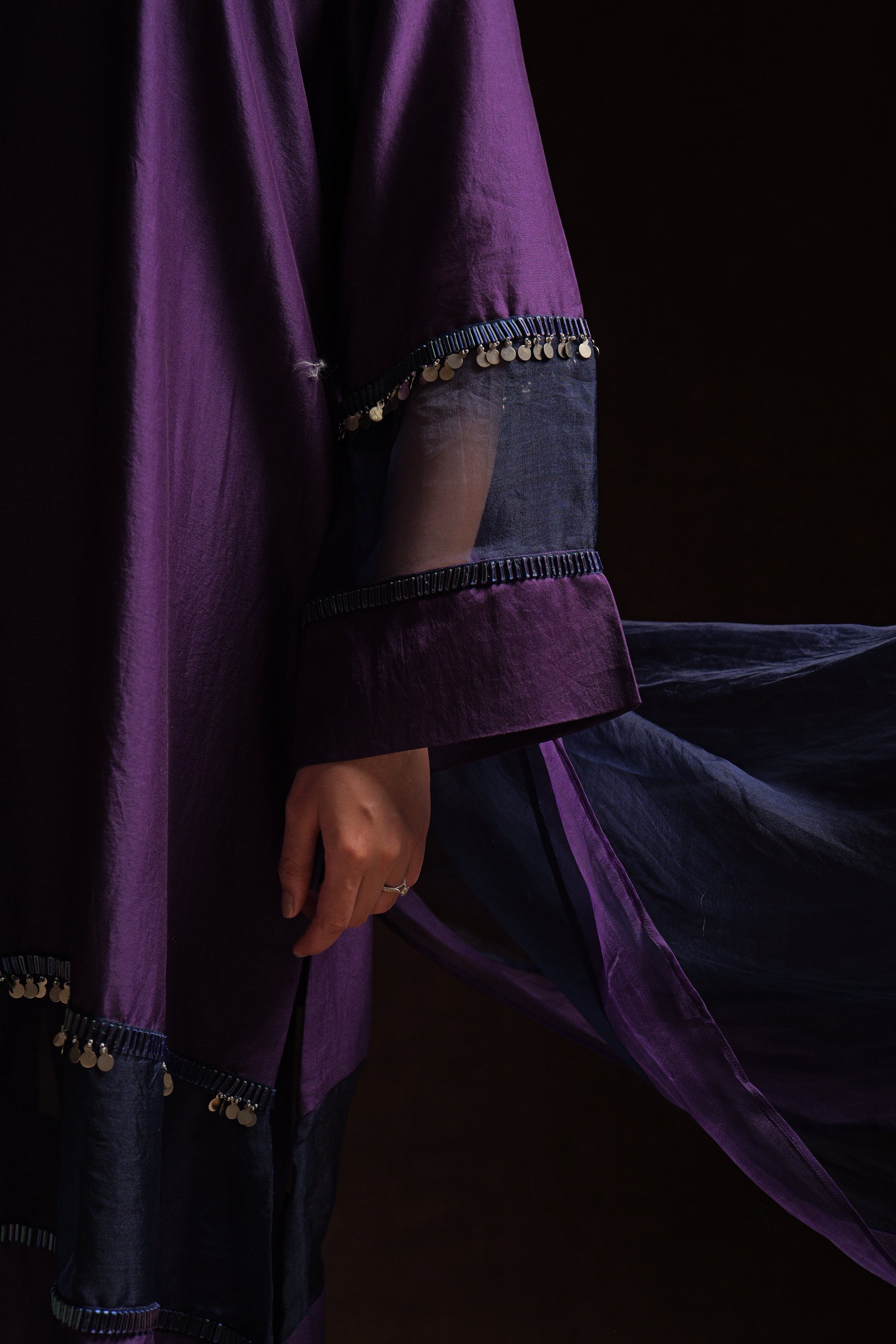 Purple chanderi kurta set with navy organza panels and silk organza dupatta by Asaaye