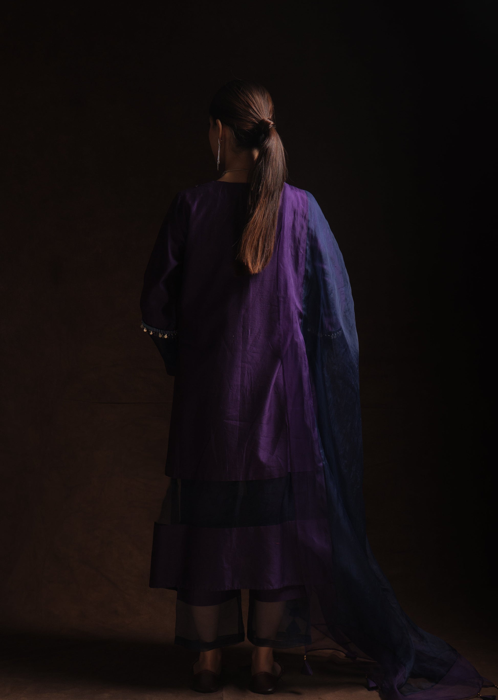 Purple chanderi kurta set with navy organza panels and silk organza dupatta by Asaaye