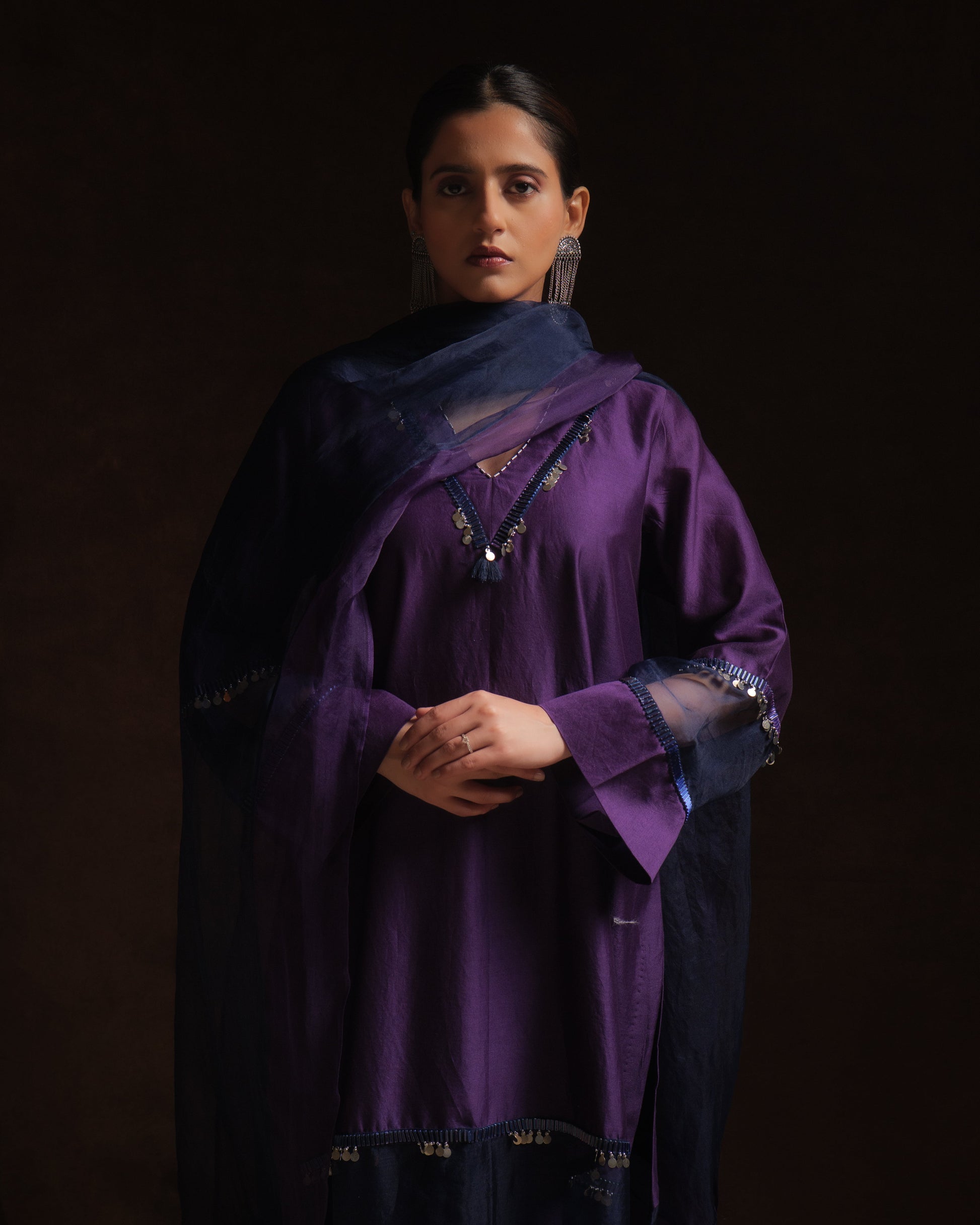 Purple chanderi kurta set with navy organza panels and silk organza dupatta by Asaaye