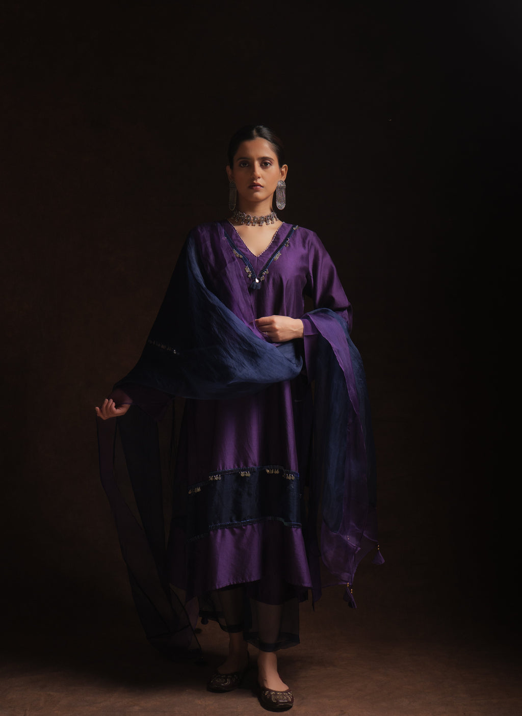 Purple chanderi kurta set with navy organza panels and silk organza dupatta by Asaaye