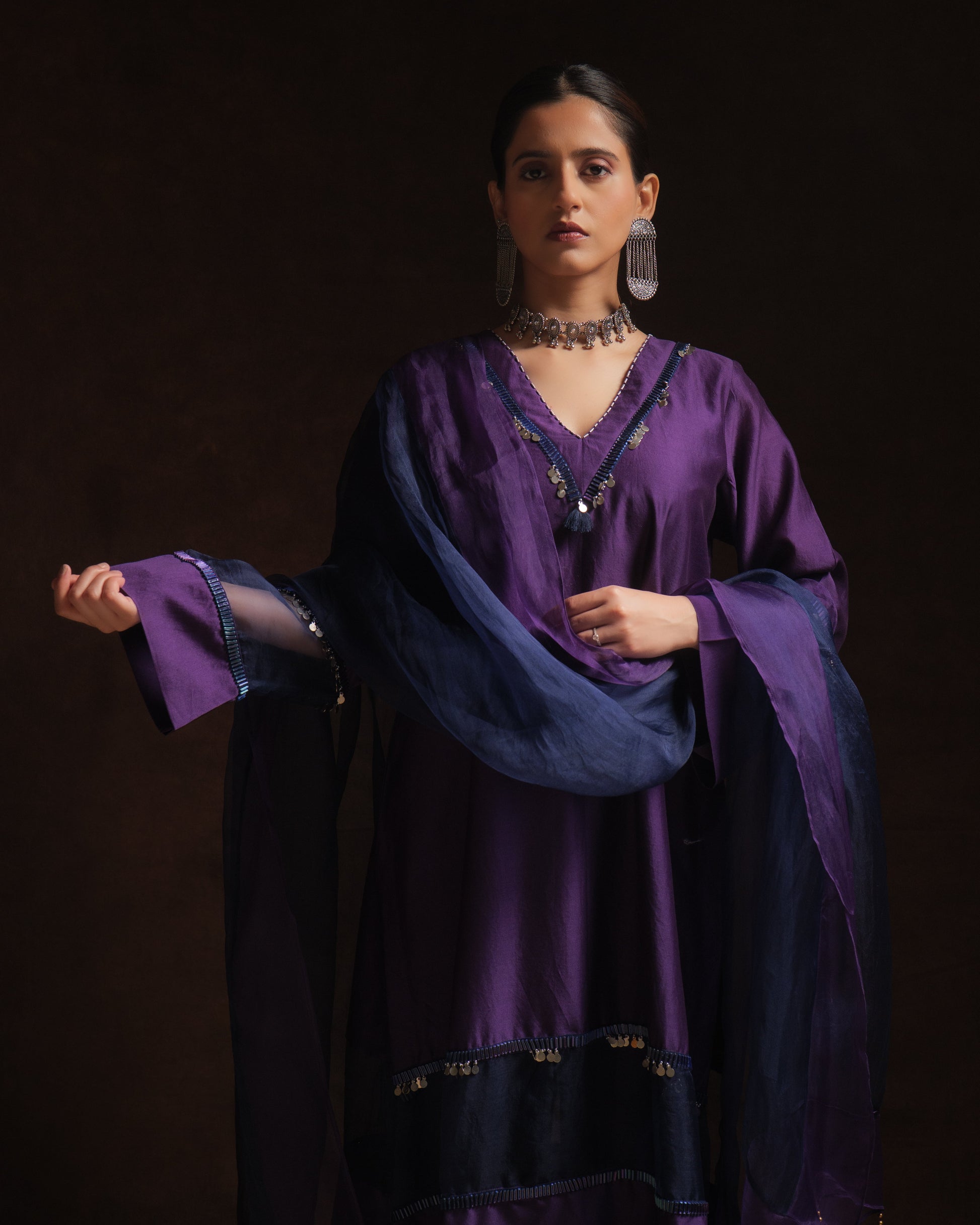 Purple chanderi kurta set with navy organza panels and silk organza dupatta by Asaaye