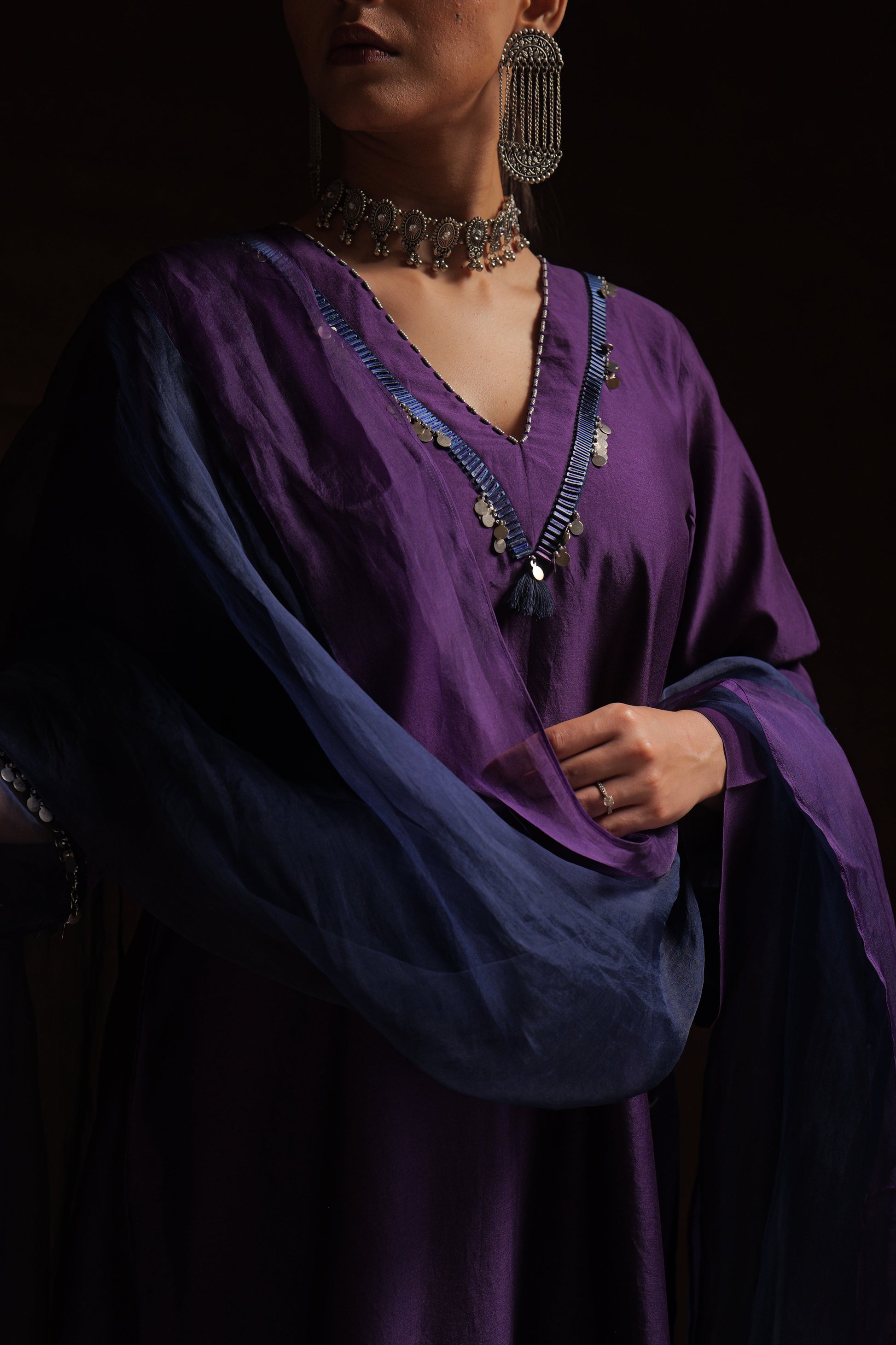 Purple chanderi kurta set with navy organza panels and silk organza dupatta by Asaaye