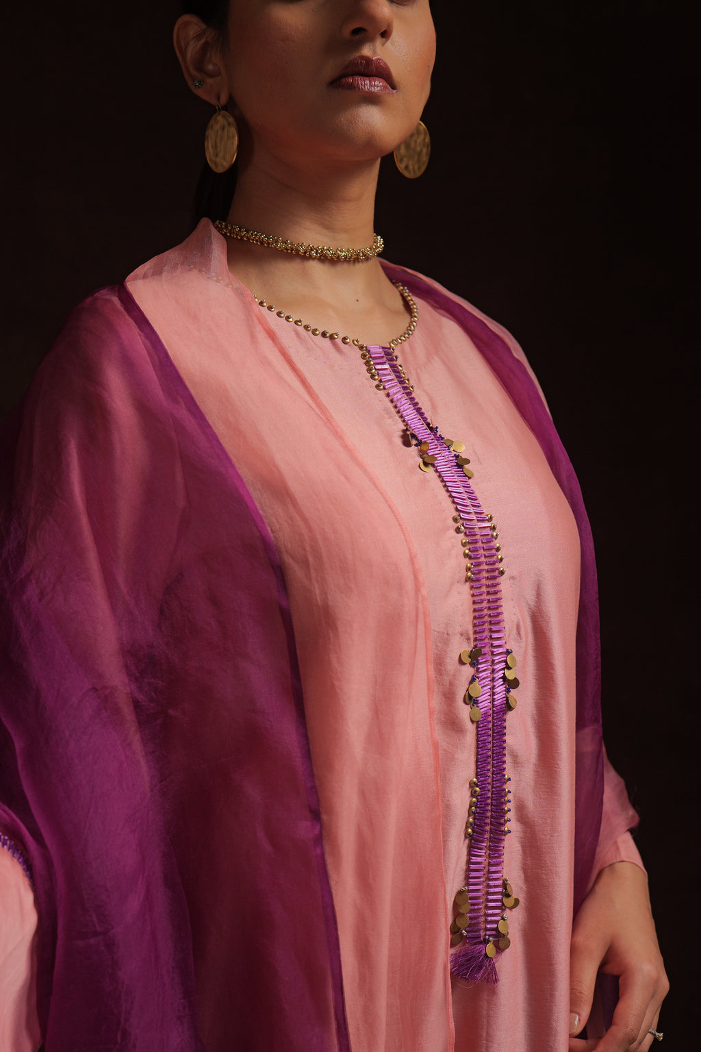 Salmon pink chanderi kurta set with purple organza panels and dupatta by Asaaye