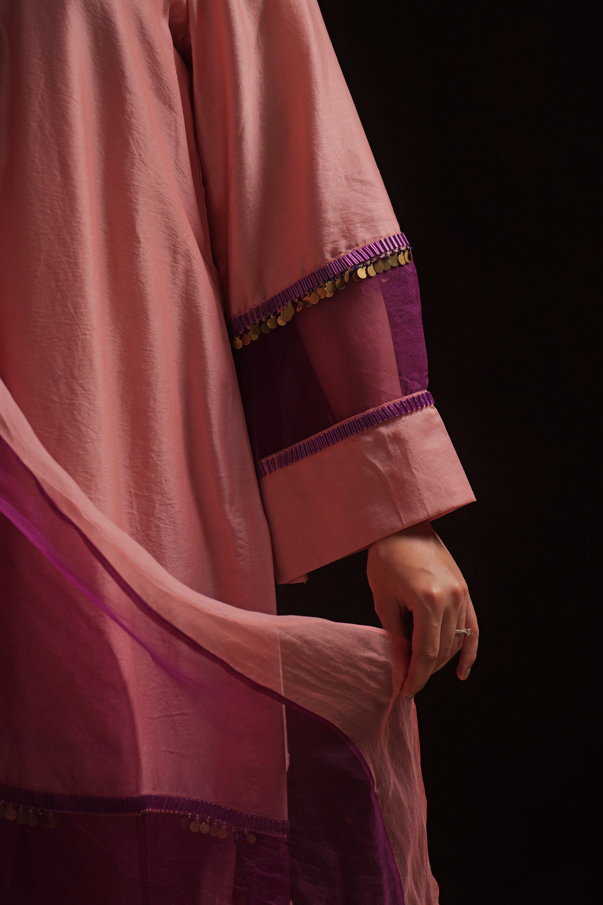 Salmon pink chanderi kurta set with purple organza panels and dupatta by Asaaye