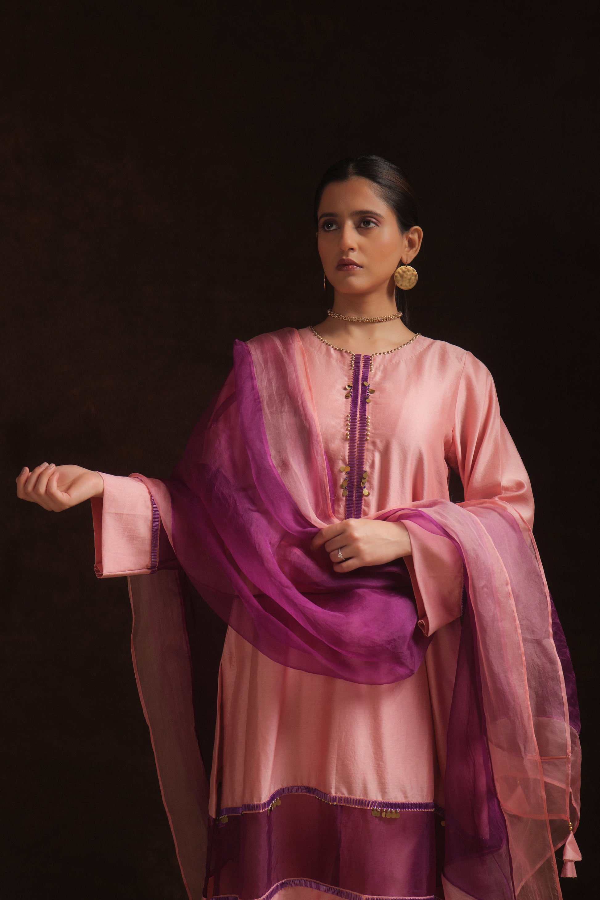 Salmon pink chanderi kurta set with purple organza panels and dupatta by Asaaye