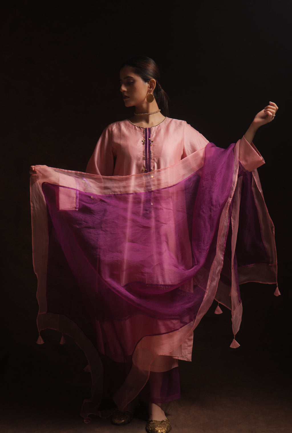 Salmon pink chanderi kurta set with purple organza panels and dupatta by Asaaye