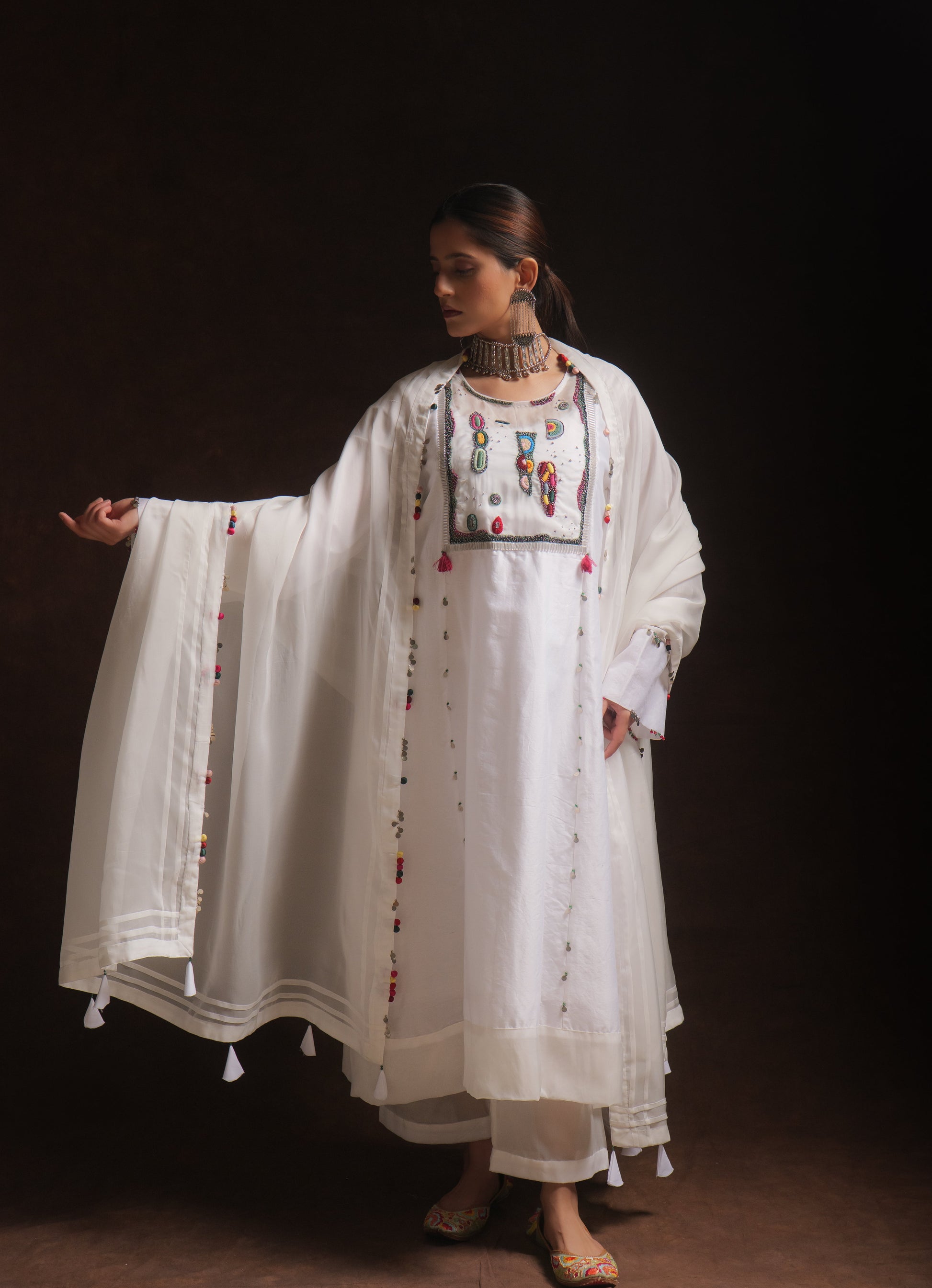 White chanderi kurta set with abstract embroidery, organza panels and dupatta by Asaaye