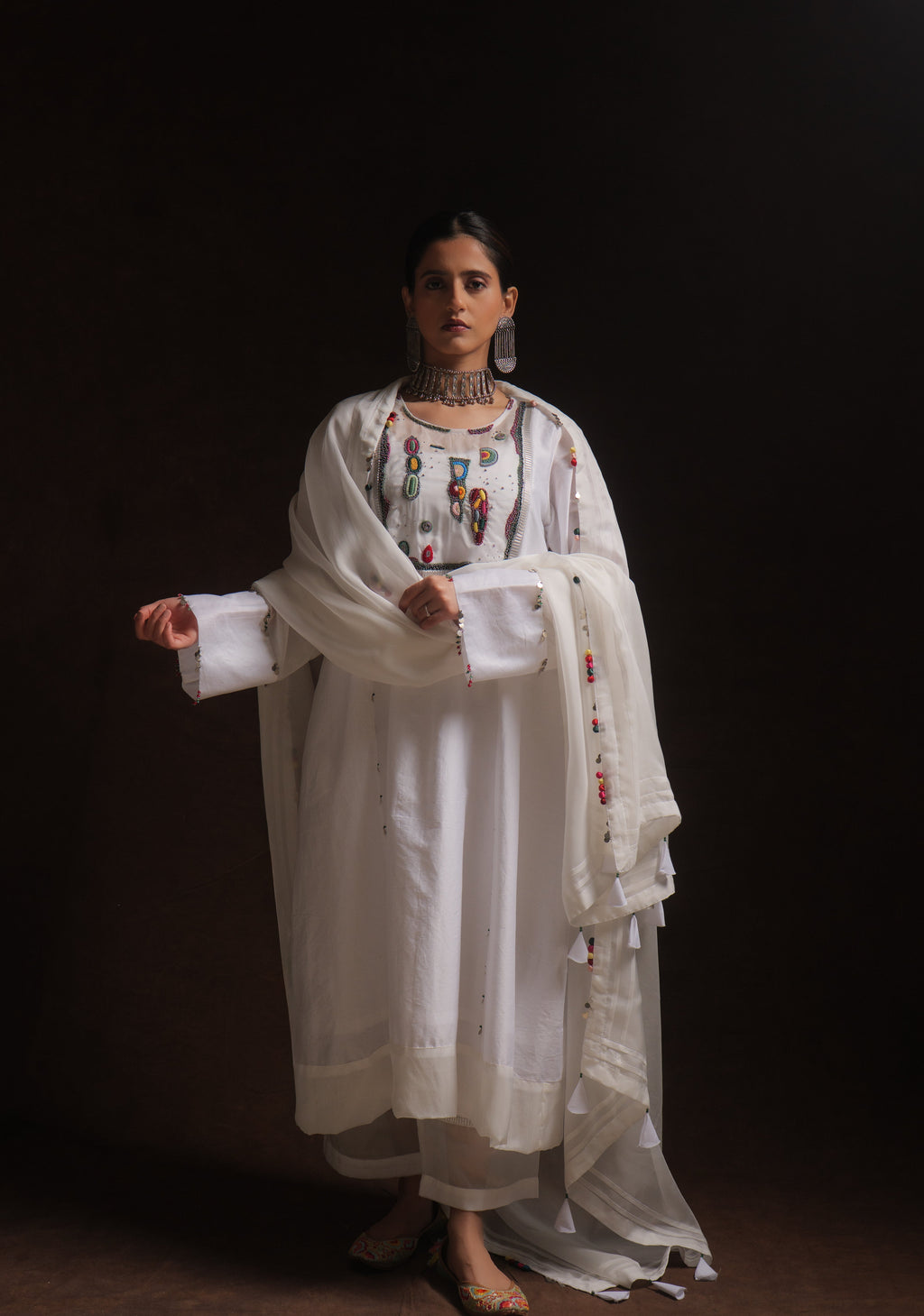White chanderi kurta set with abstract embroidery, organza panels and dupatta by Asaaye