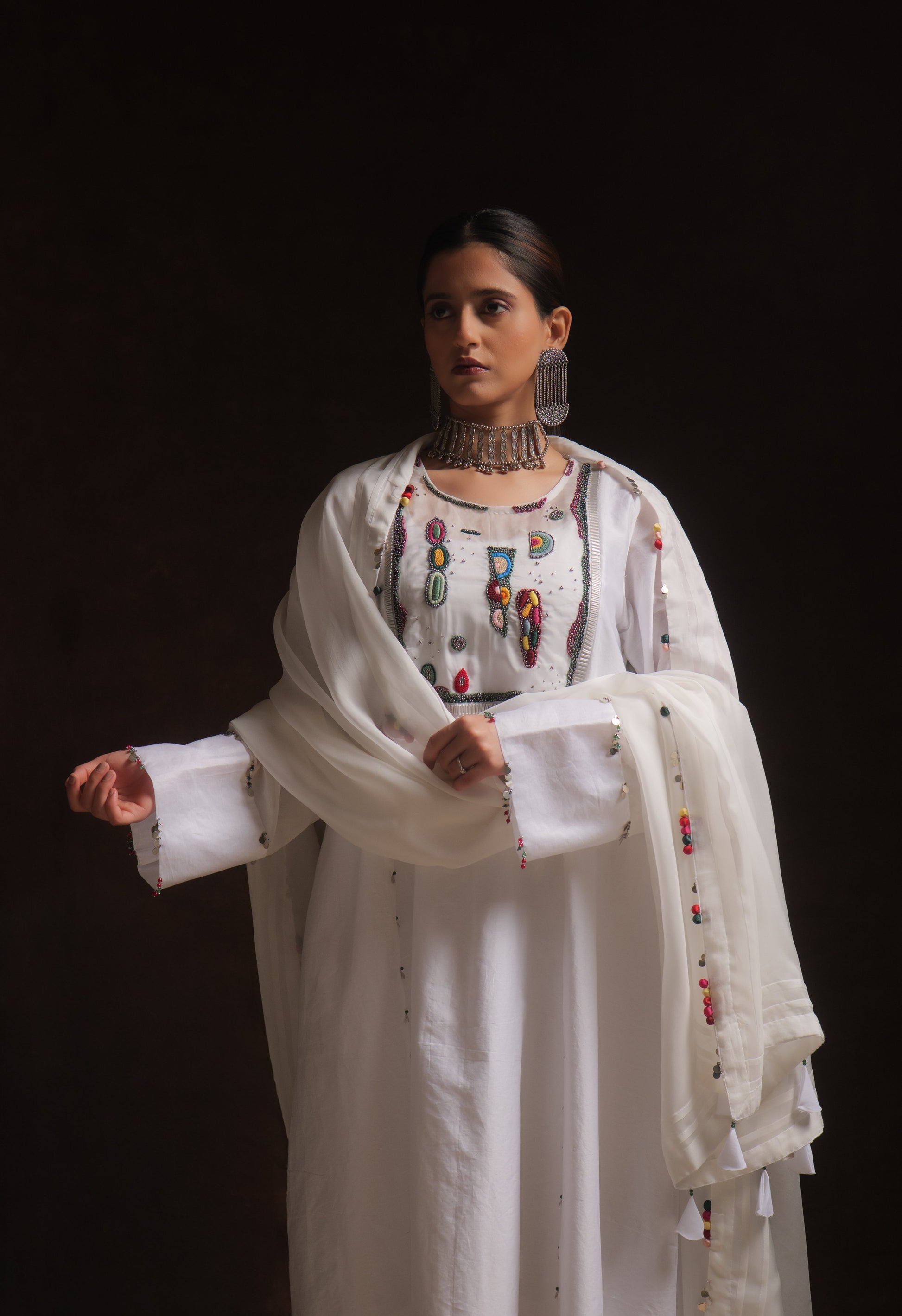 White chanderi kurta set with abstract embroidery, organza panels and dupatta by Asaaye