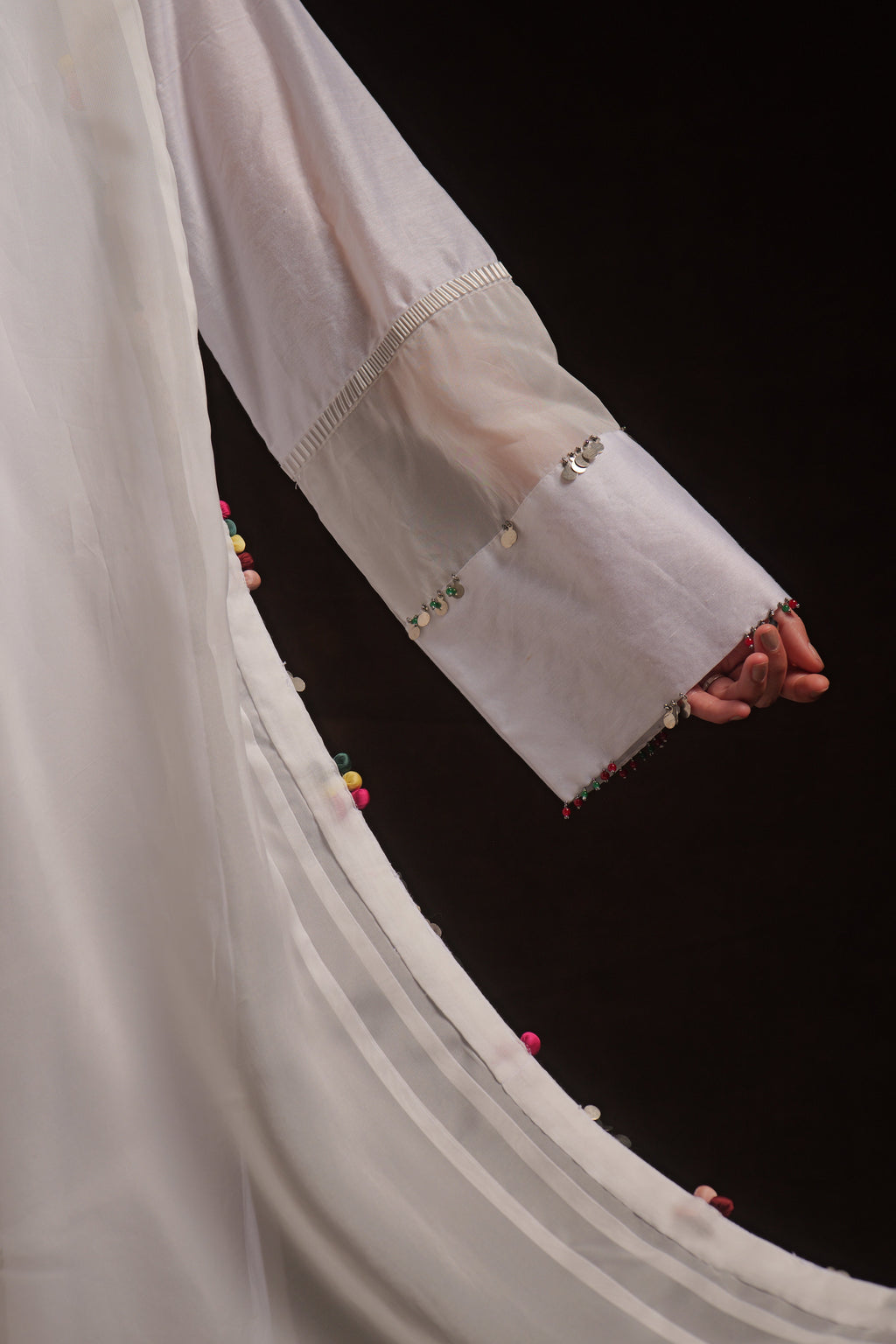 White chanderi kurta set with abstract embroidery, organza panels and dupatta by Asaaye