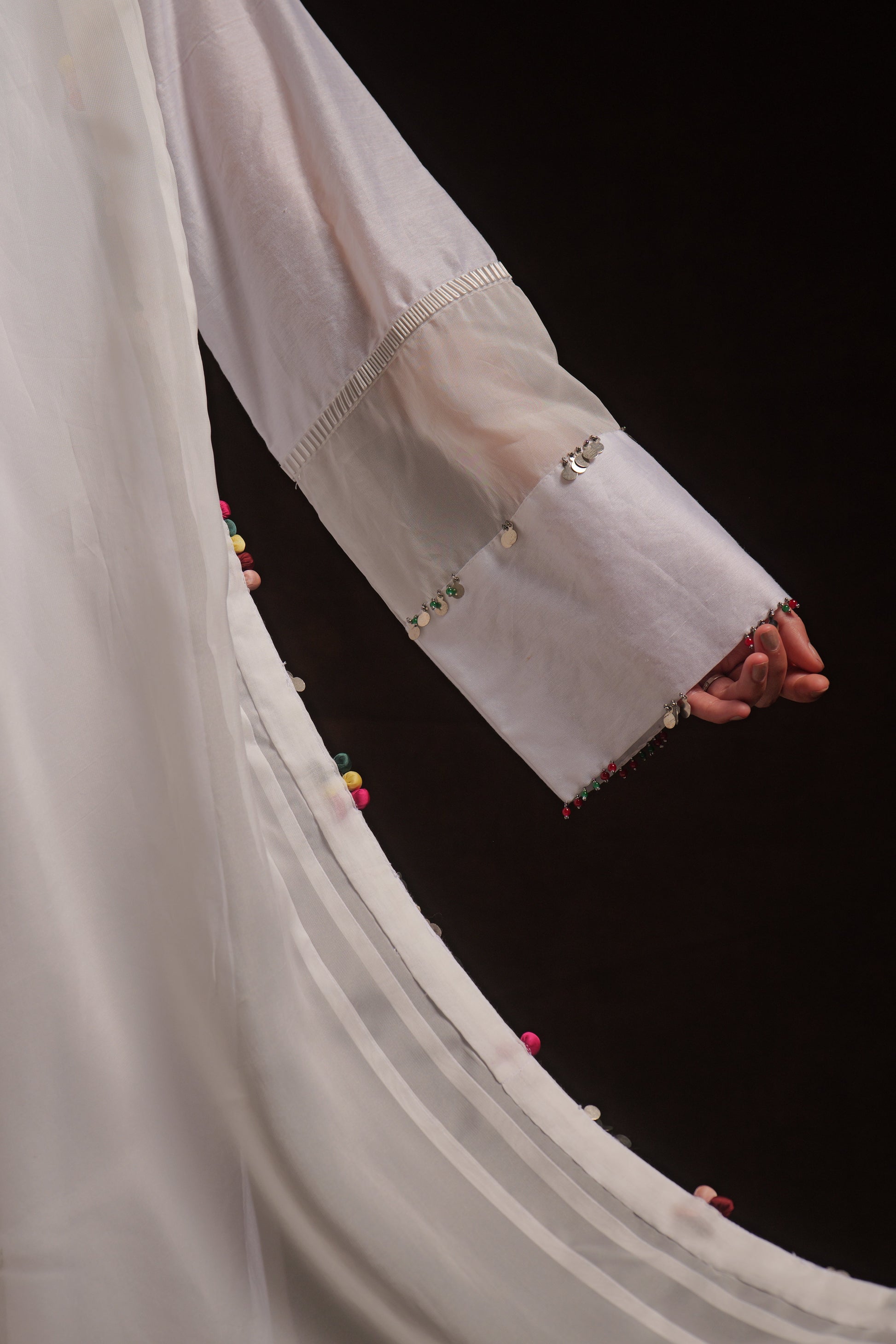 White chanderi kurta set with abstract embroidery, organza panels and dupatta by Asaaye