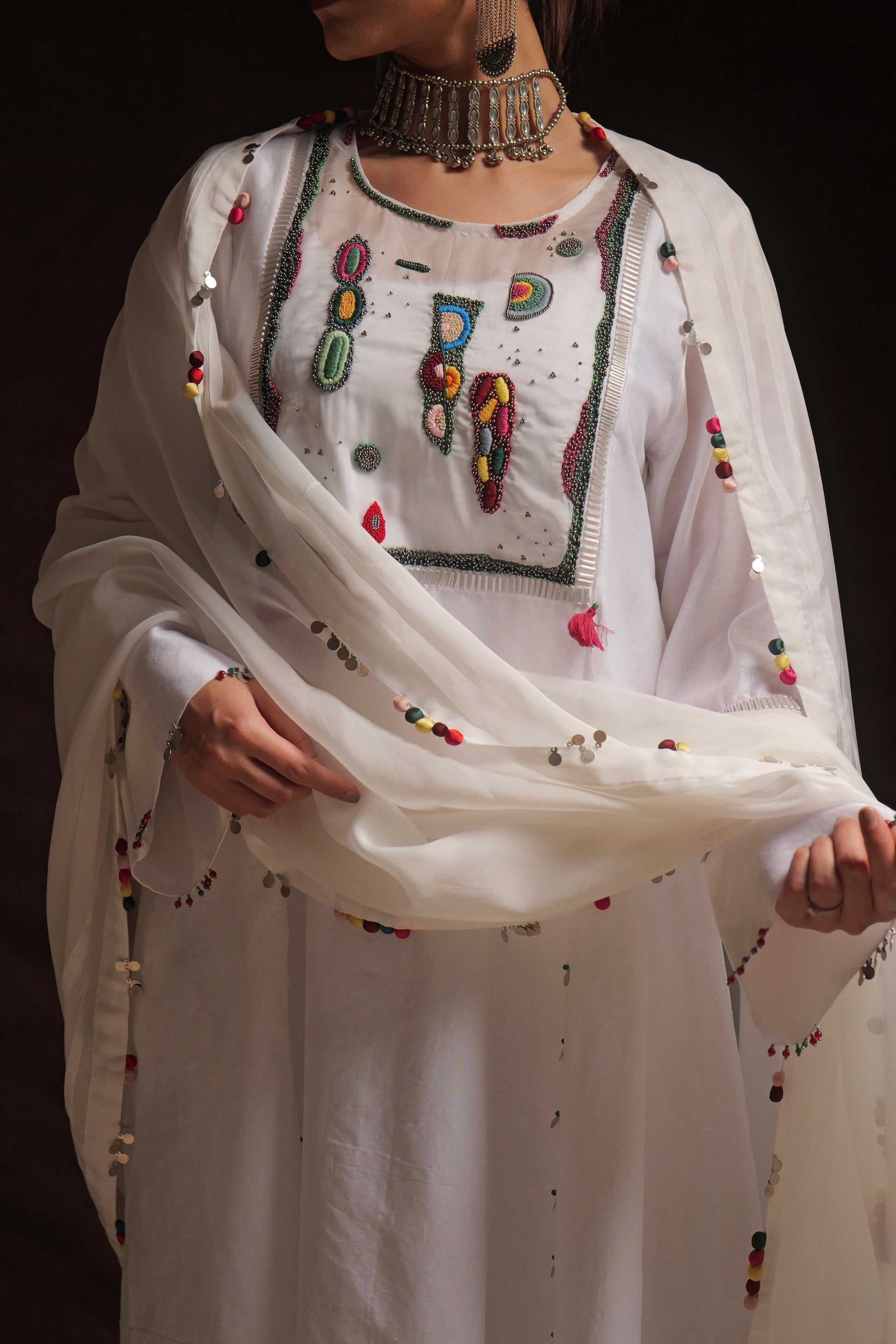 White chanderi kurta set with abstract embroidery, organza panels and dupatta by Asaaye