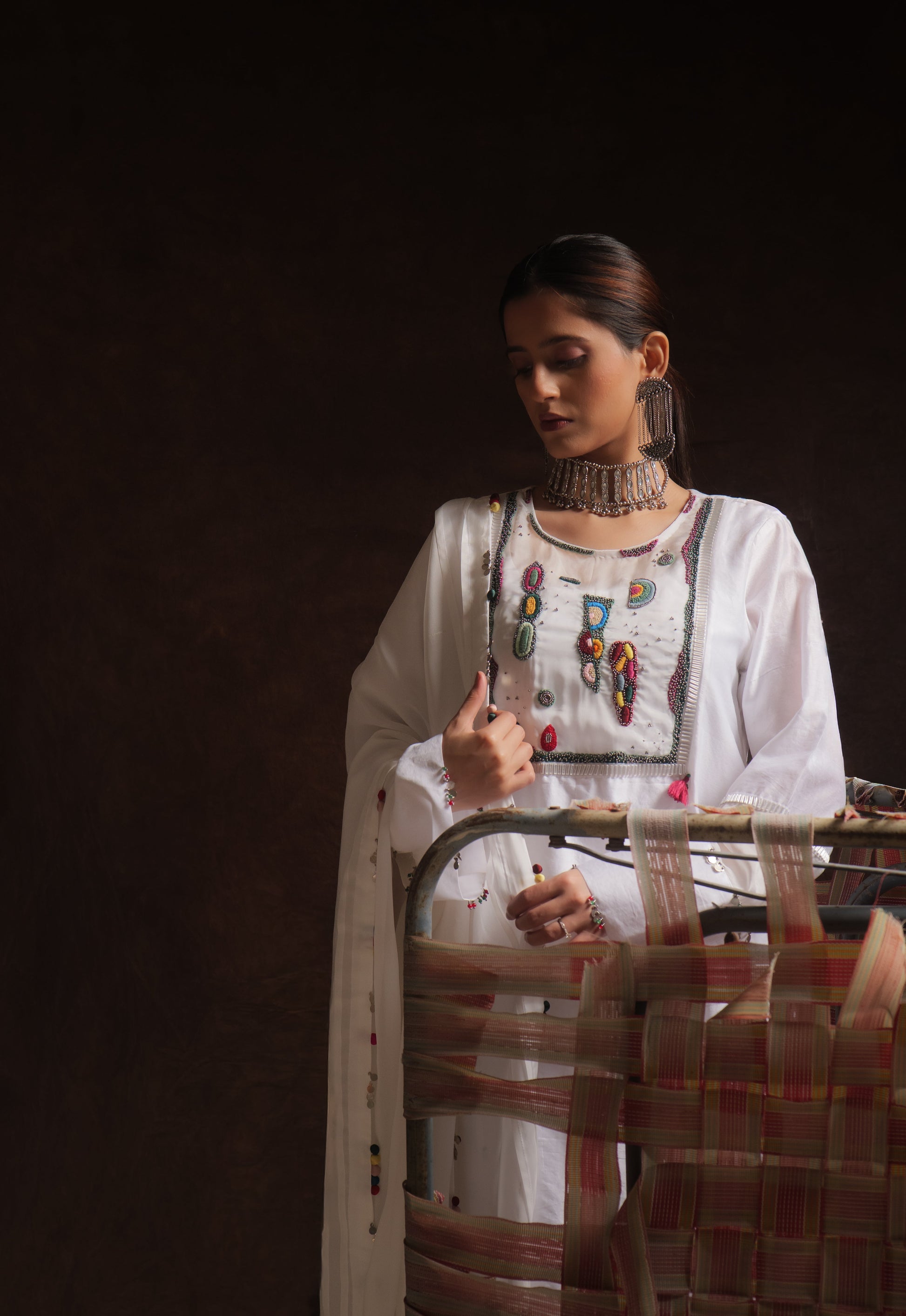 White chanderi kurta set with abstract embroidery, organza panels and dupatta by Asaaye