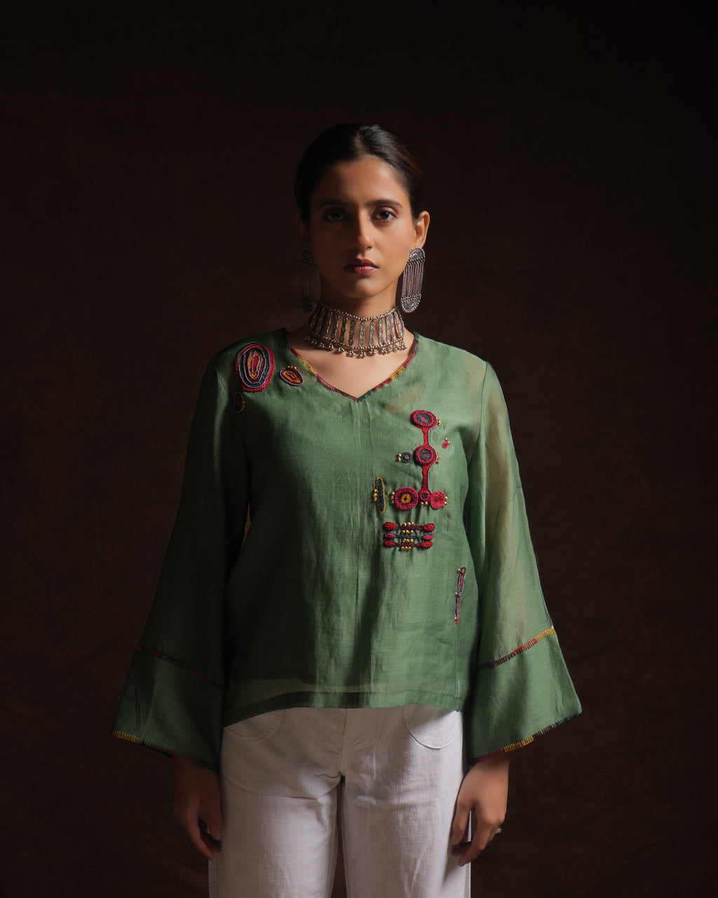 Leaf green mul chanderi embroidered top with full sleeves by Asaaye
