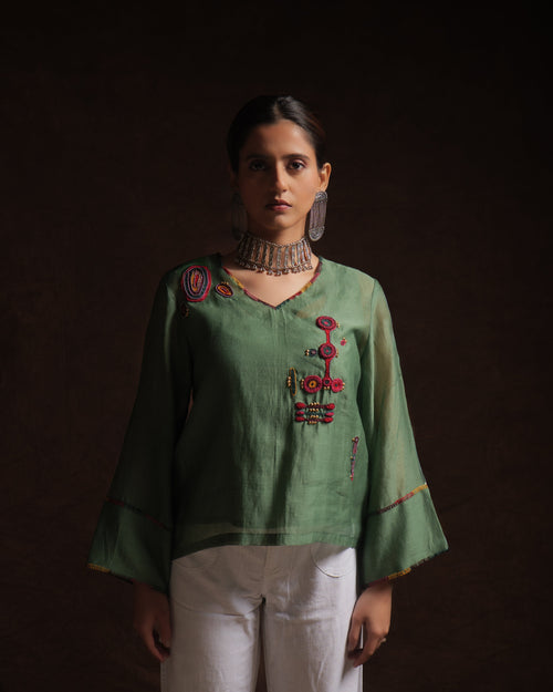 Leaf green mul chanderi embroidered top with full sleeves by Asaaye
