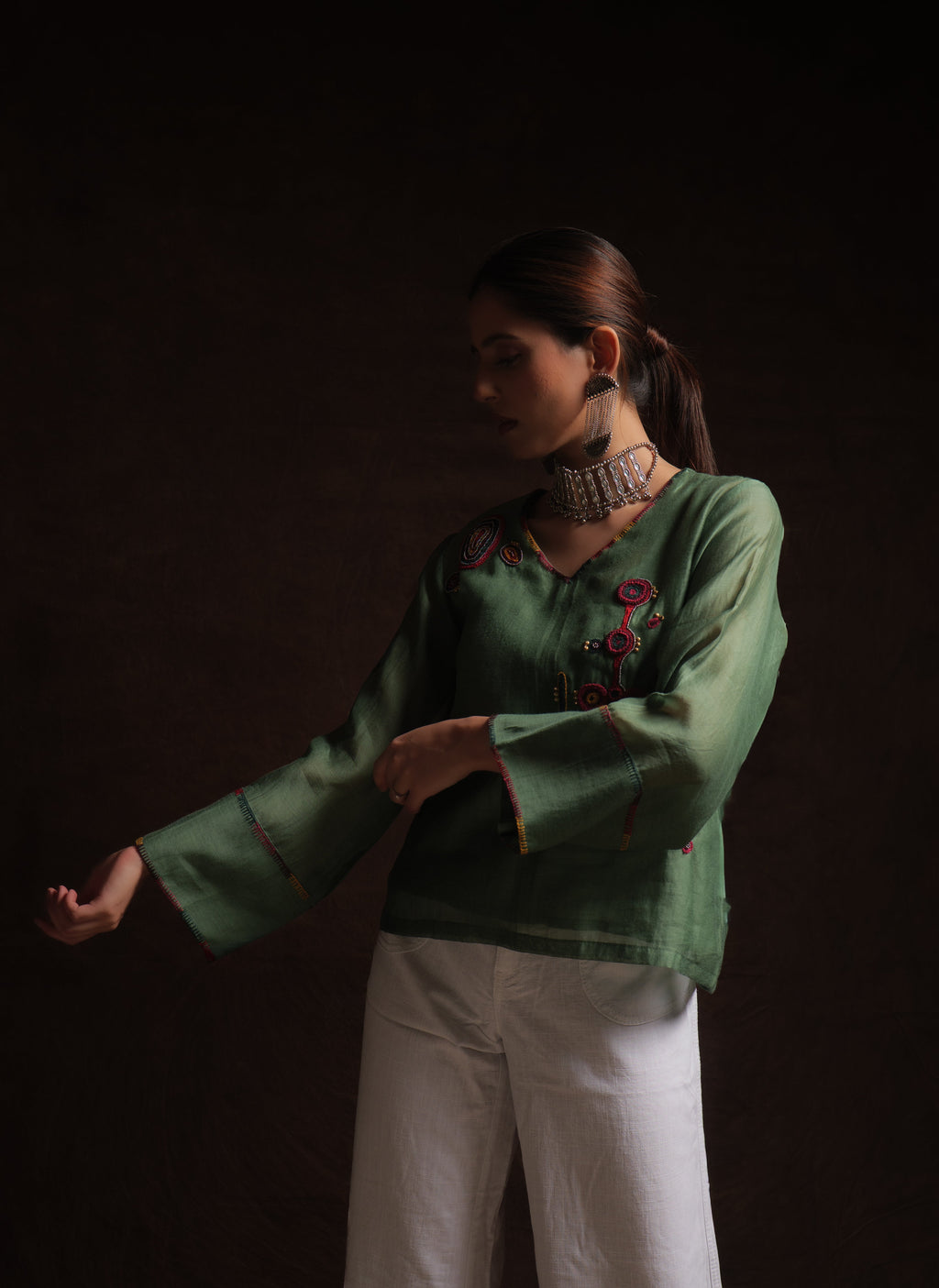 Leaf green mul chanderi embroidered top with full sleeves by Asaaye