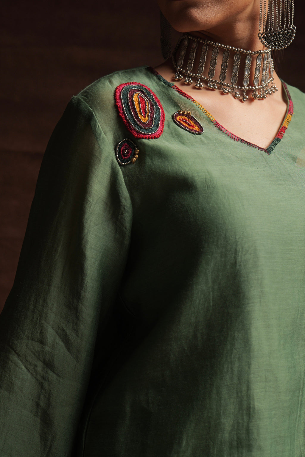 Leaf green mul chanderi embroidered top with full sleeves by Asaaye