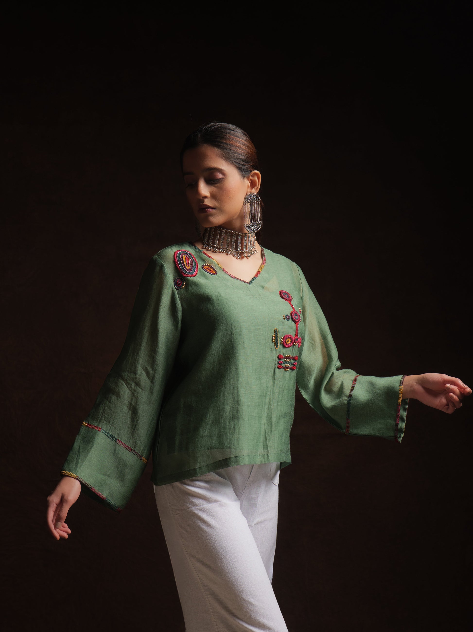 Leaf green mul chanderi embroidered top with full sleeves by Asaaye