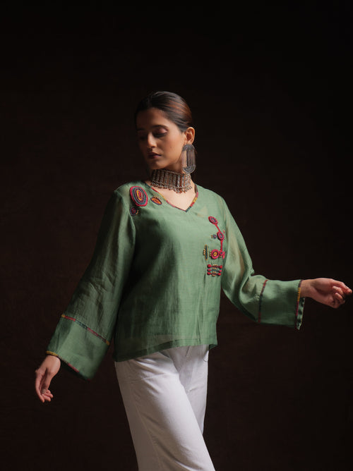 Leaf green mul chanderi embroidered top with full sleeves by Asaaye