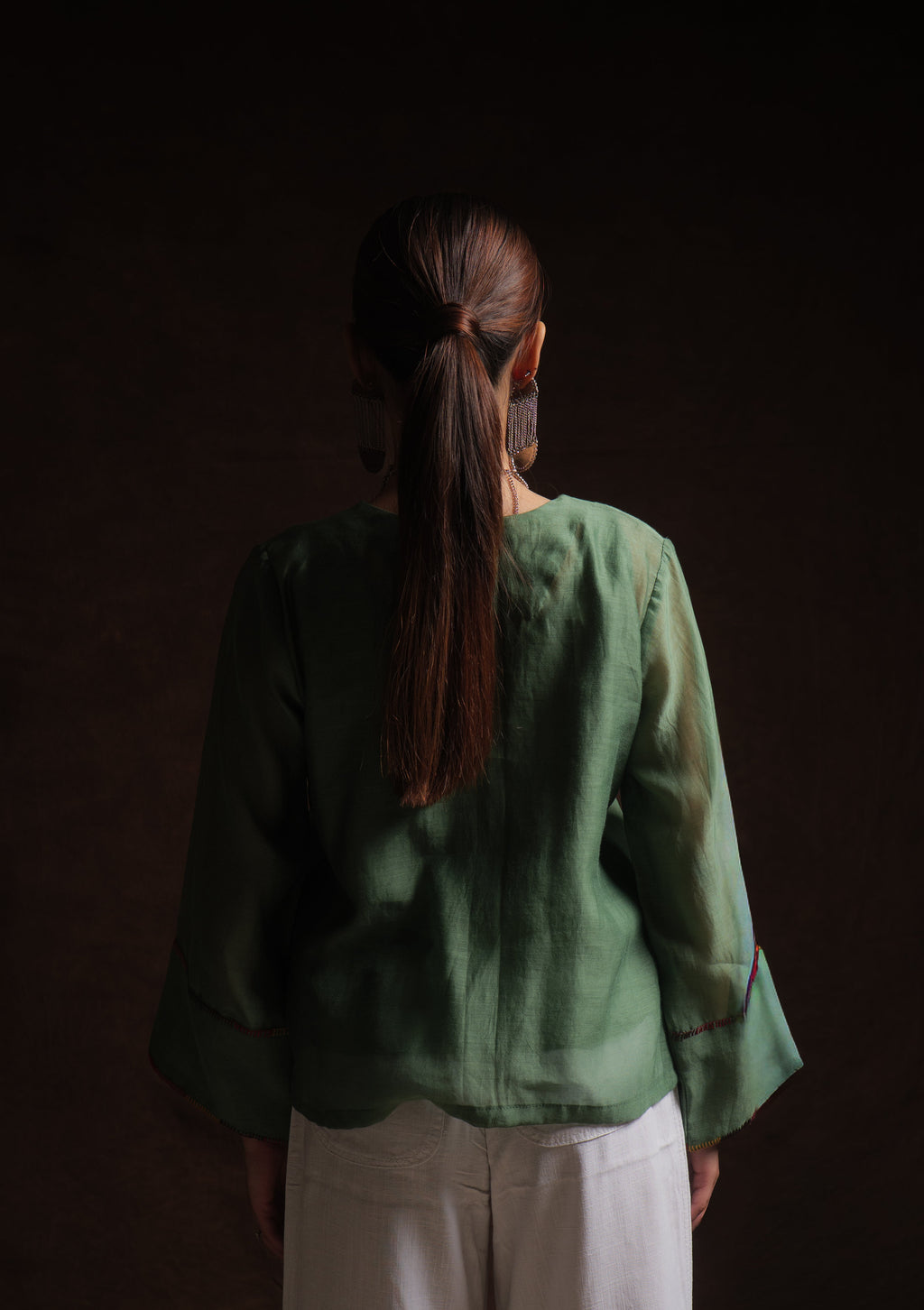 Leaf green mul chanderi embroidered top with full sleeves by Asaaye