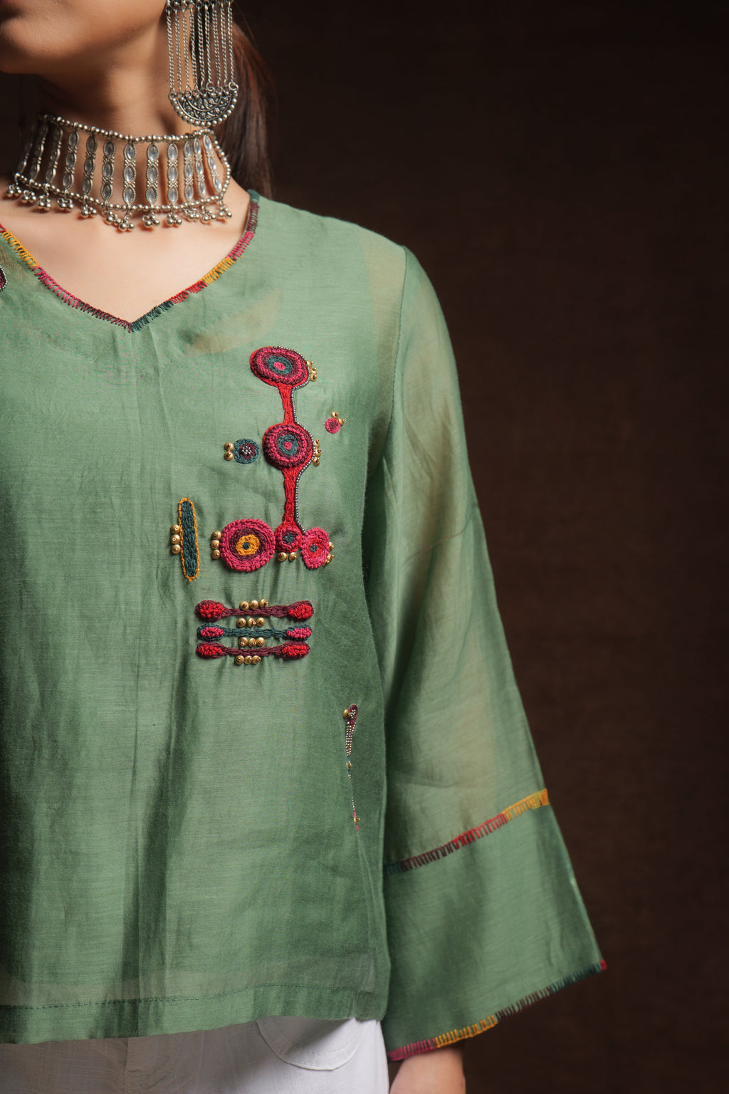 Leaf green mul chanderi embroidered top with full sleeves by Asaaye