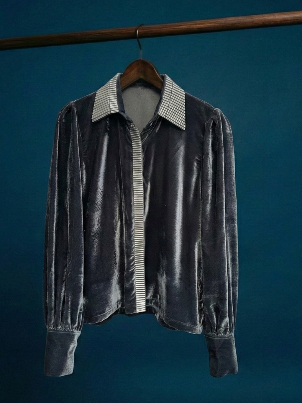 Grey velvet shirt with metallic 3D silver detailing and puff sleeves by Asaaye