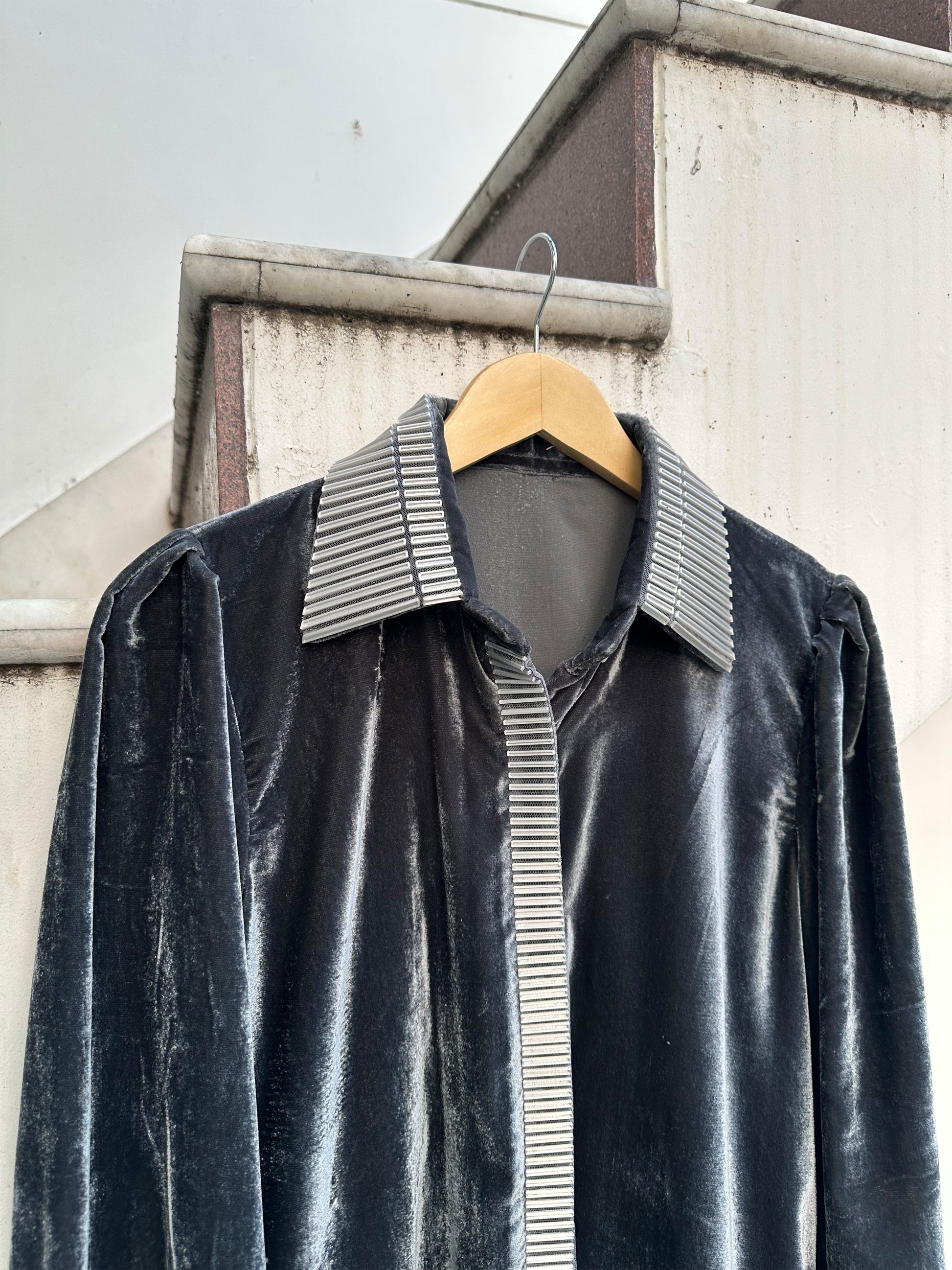 Grey velvet shirt with metallic 3D silver detailing and puff sleeves by Asaaye