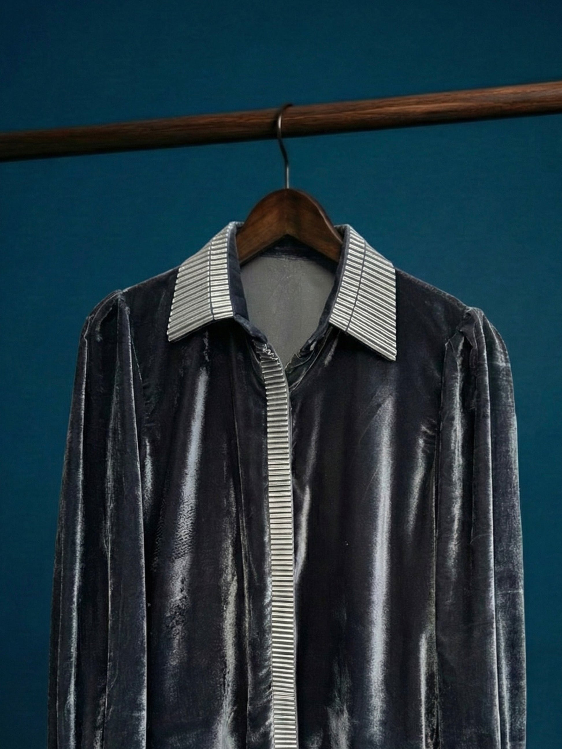 Grey velvet shirt with metallic 3D silver detailing and puff sleeves by Asaaye