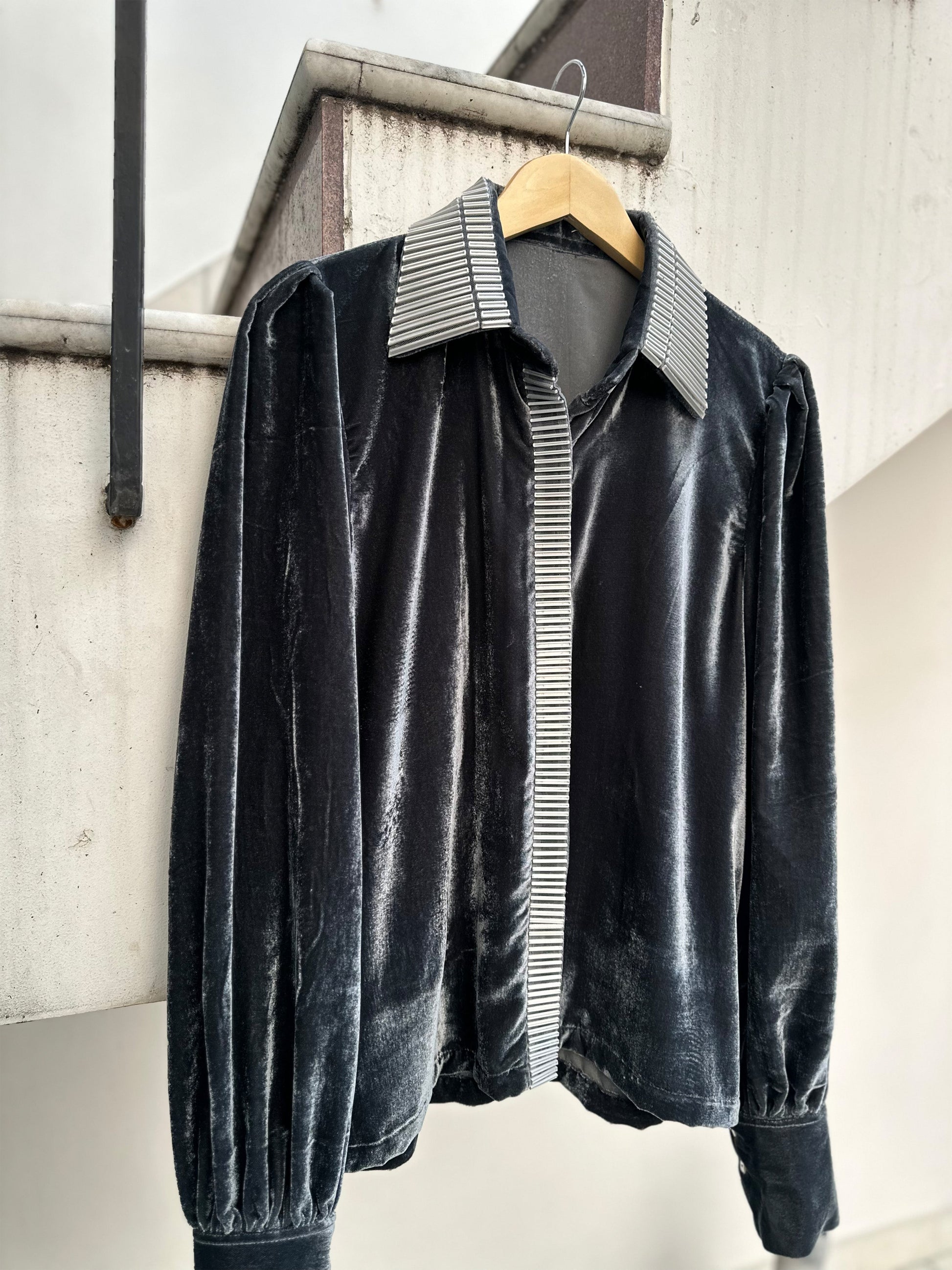 Grey velvet shirt with metallic 3D silver detailing and puff sleeves by Asaaye